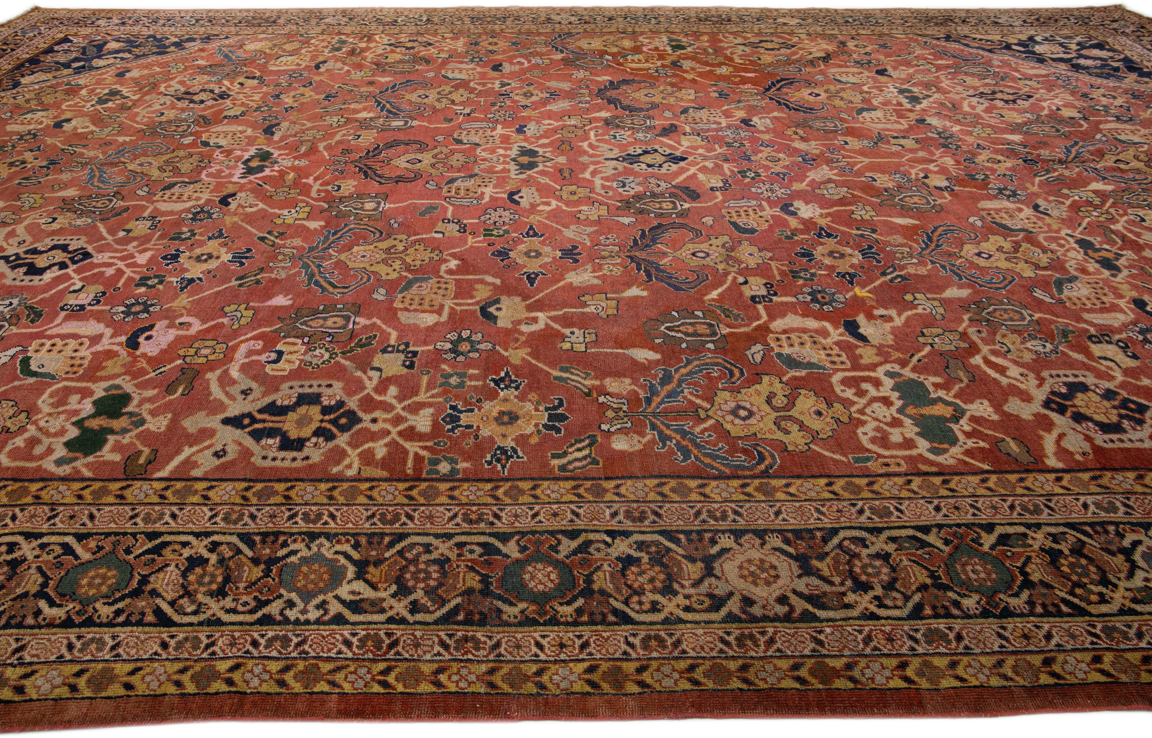 Rust Antique Persian Mahal Handmade Oversize Wool Rug with Allover Pattern In Good Condition For Sale In Norwalk, CT