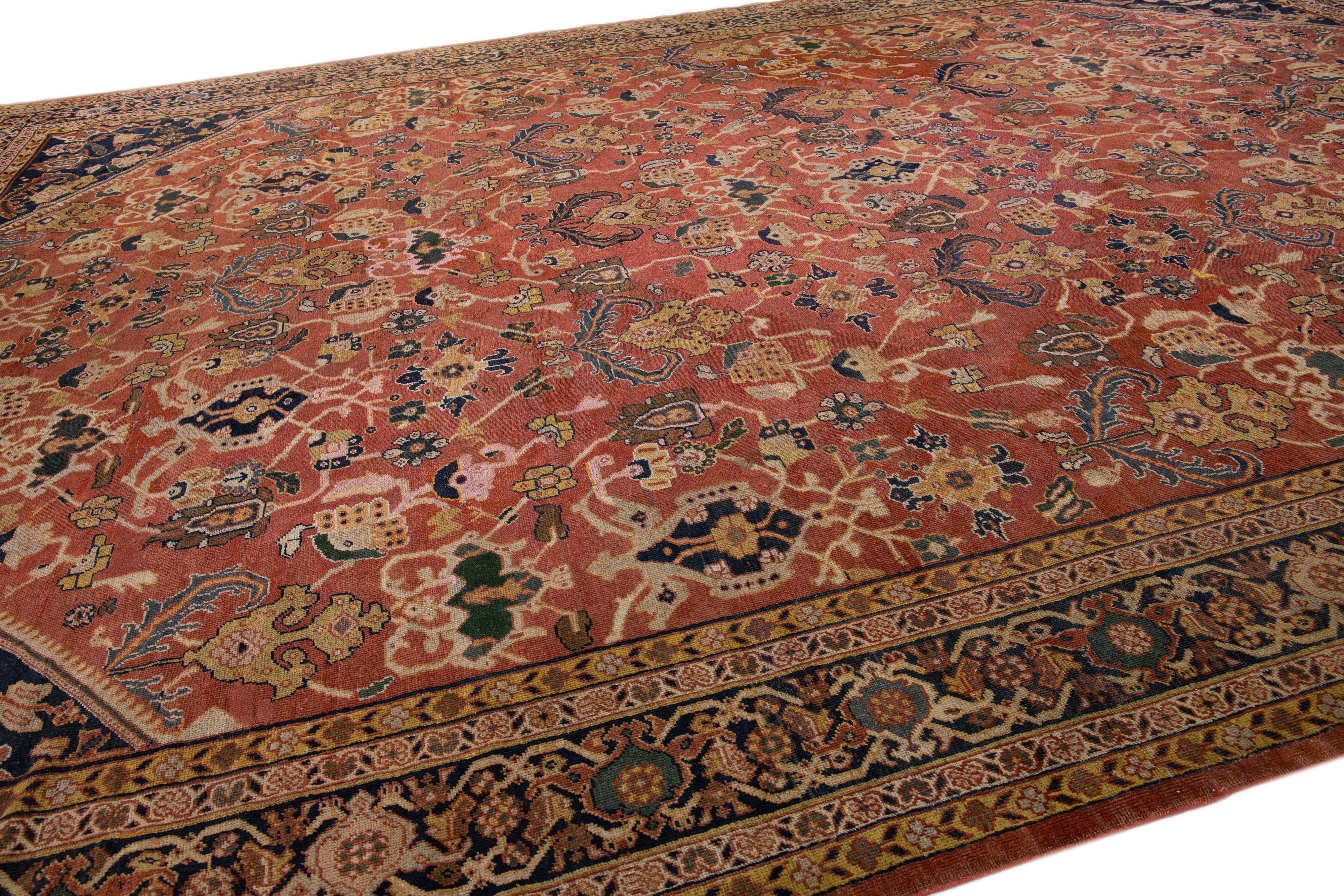 20th Century Rust Antique Persian Mahal Handmade Oversize Wool Rug with Allover Pattern For Sale