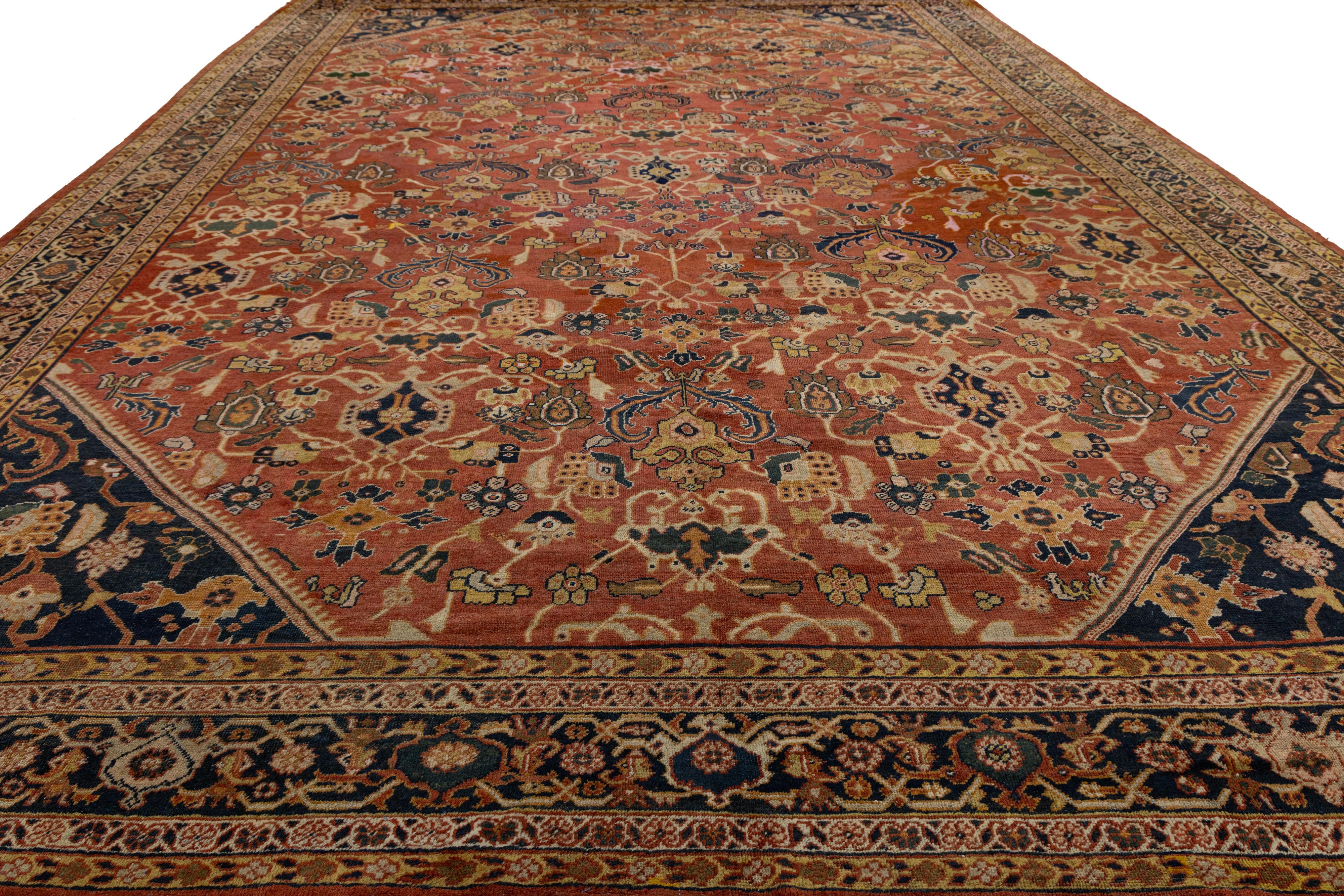 Rust Antique Persian Mahal Handmade Oversize Wool Rug with Allover Pattern For Sale 6