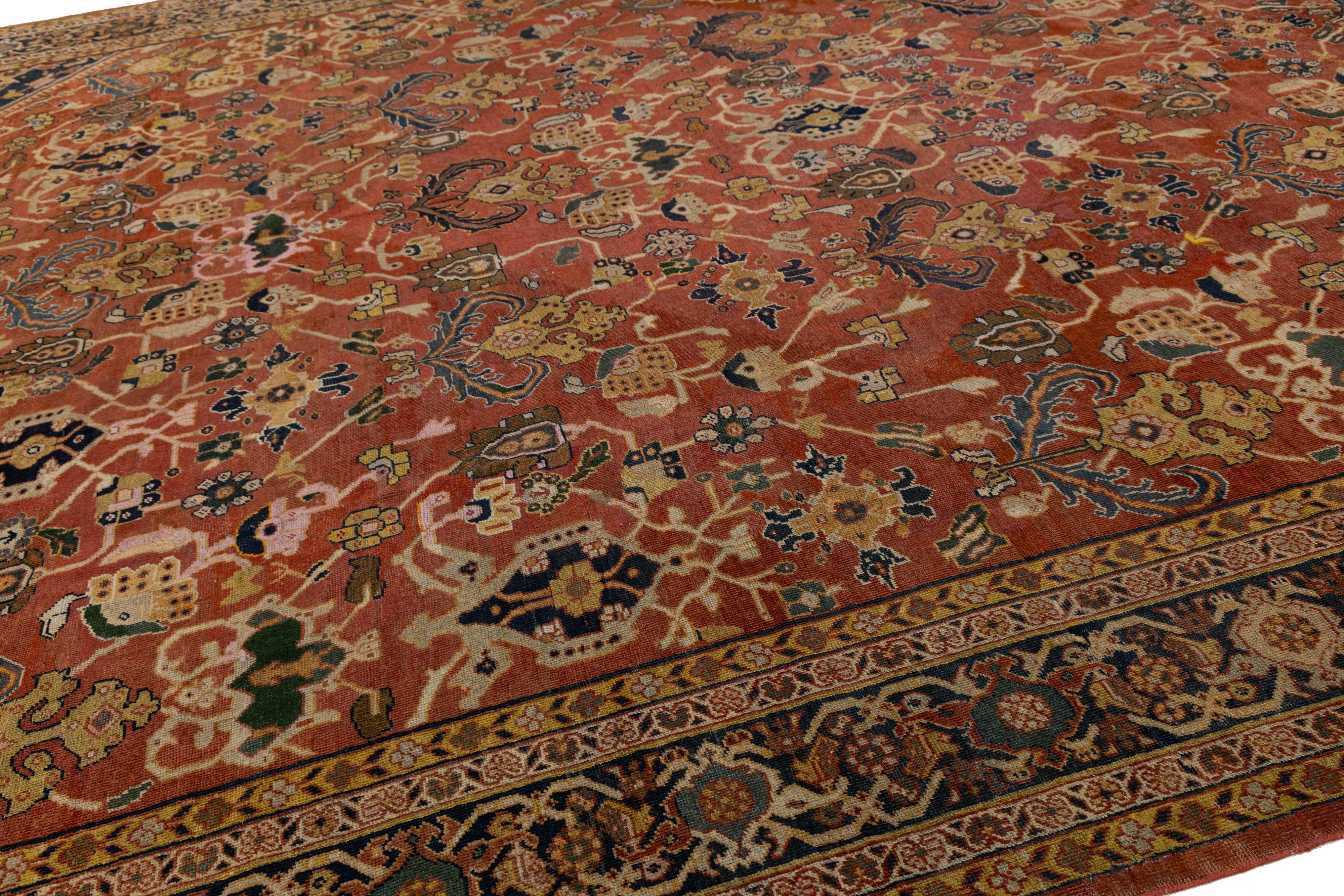 20th Century Rust Antique Persian Mahal Handmade Oversize Wool Rug with Allover Pattern For Sale