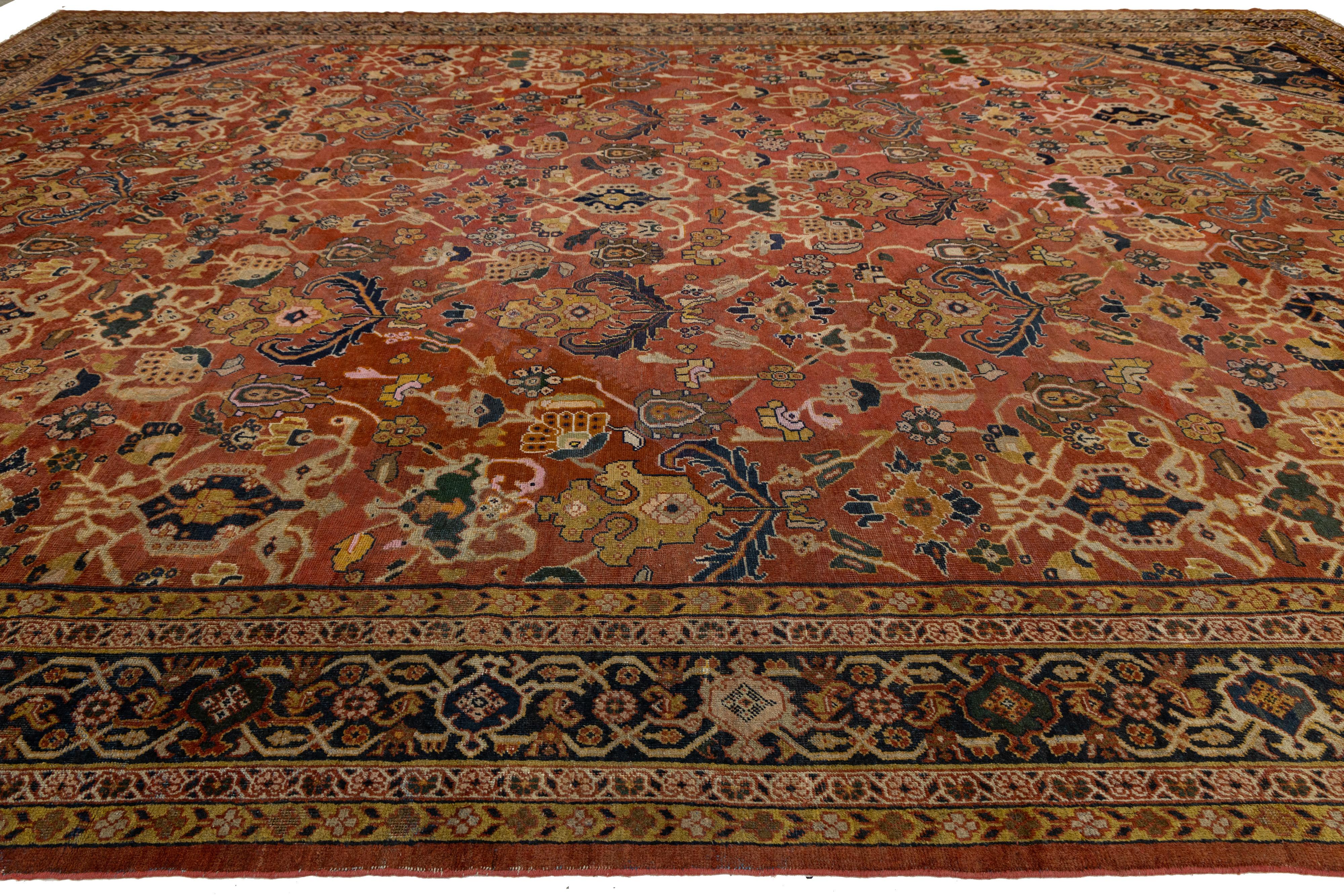 Rust Antique Persian Mahal Handmade Oversize Wool Rug with Allover Pattern For Sale 2