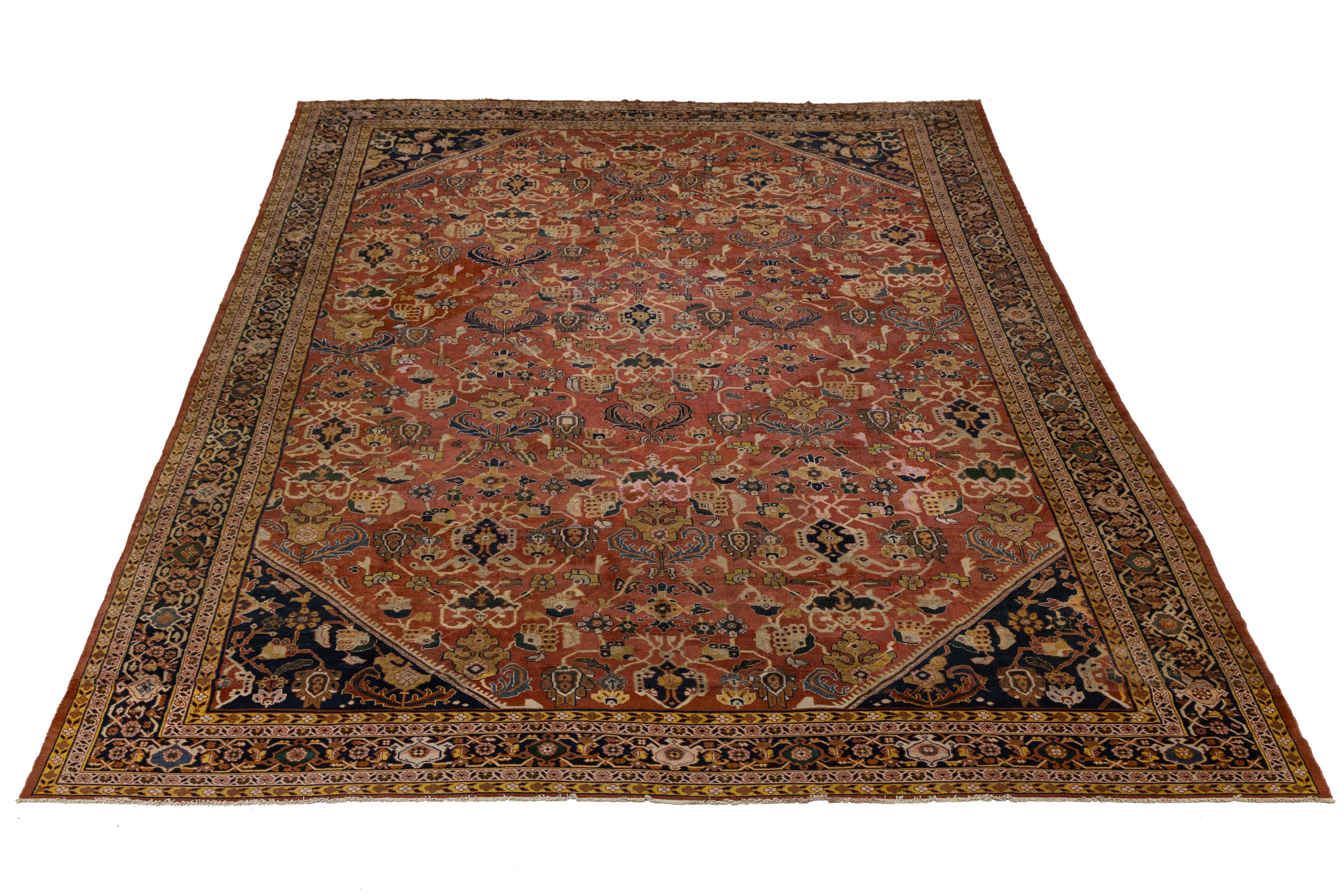 Rust Antique Persian Mahal Handmade Oversize Wool Rug with Allover Pattern For Sale 3