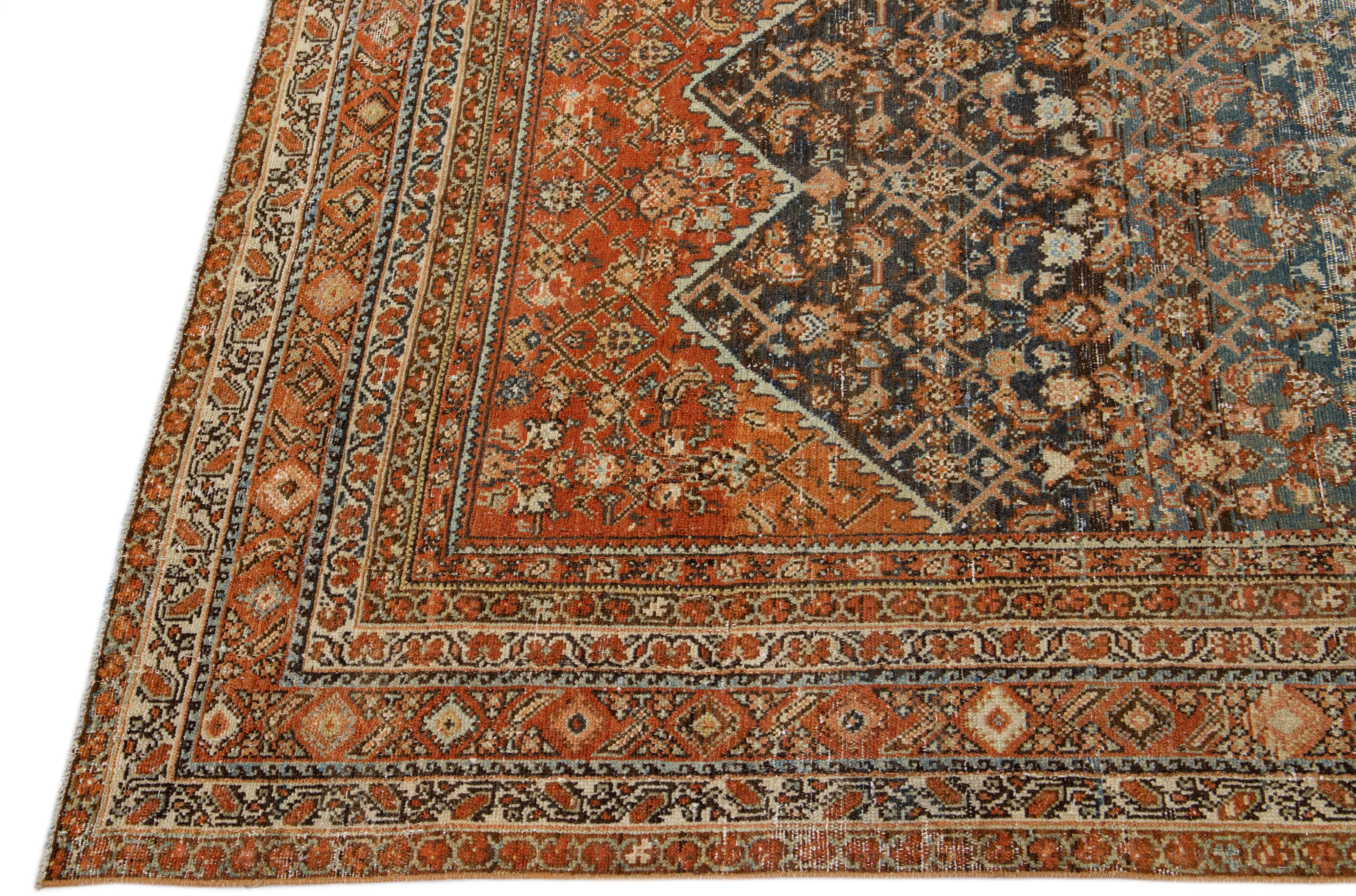 Islamic Rust Antique Persian Malayer Handmade Allover Pattern Wool Runner For Sale