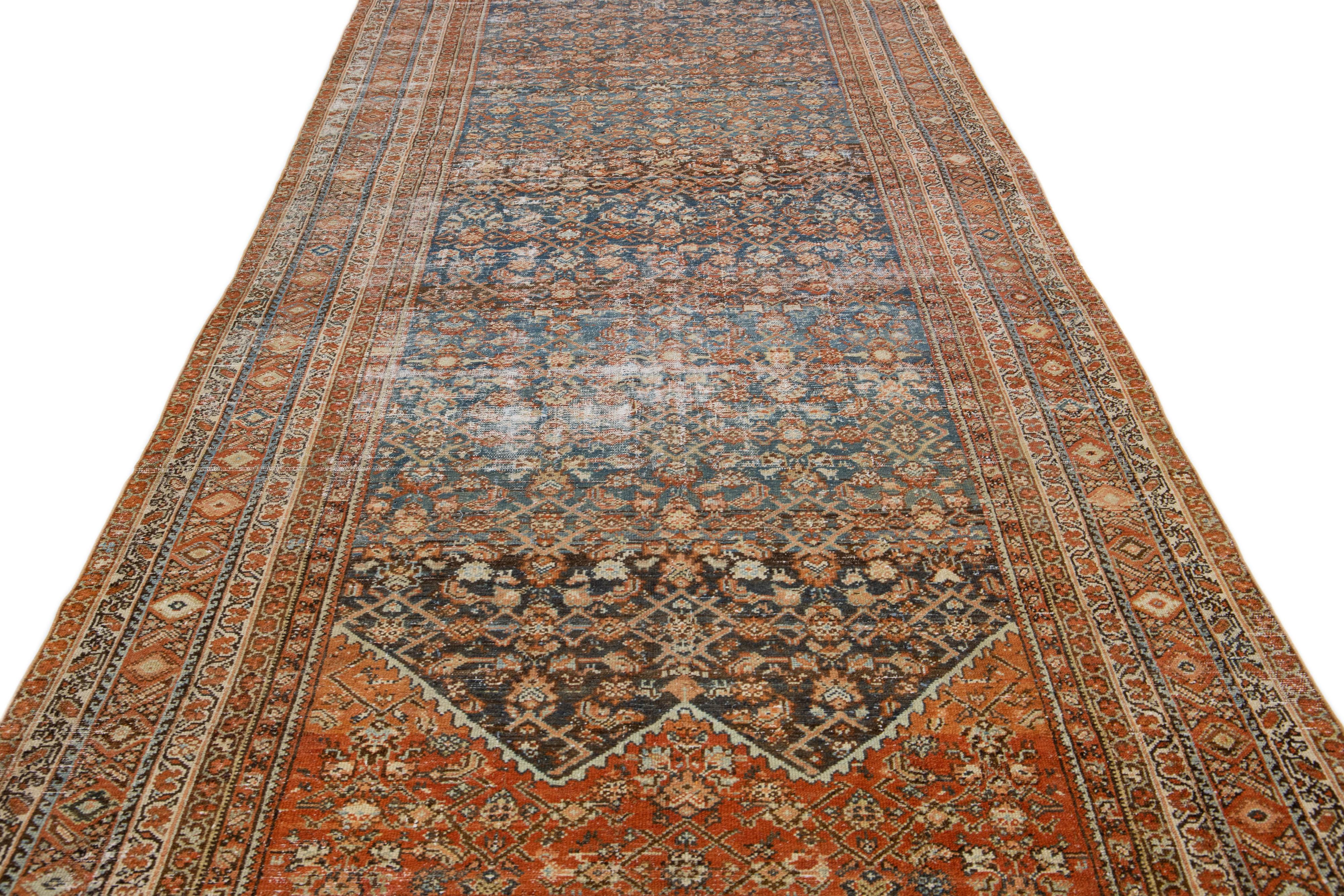 Hand-Knotted Rust Antique Persian Malayer Handmade Allover Pattern Wool Runner For Sale