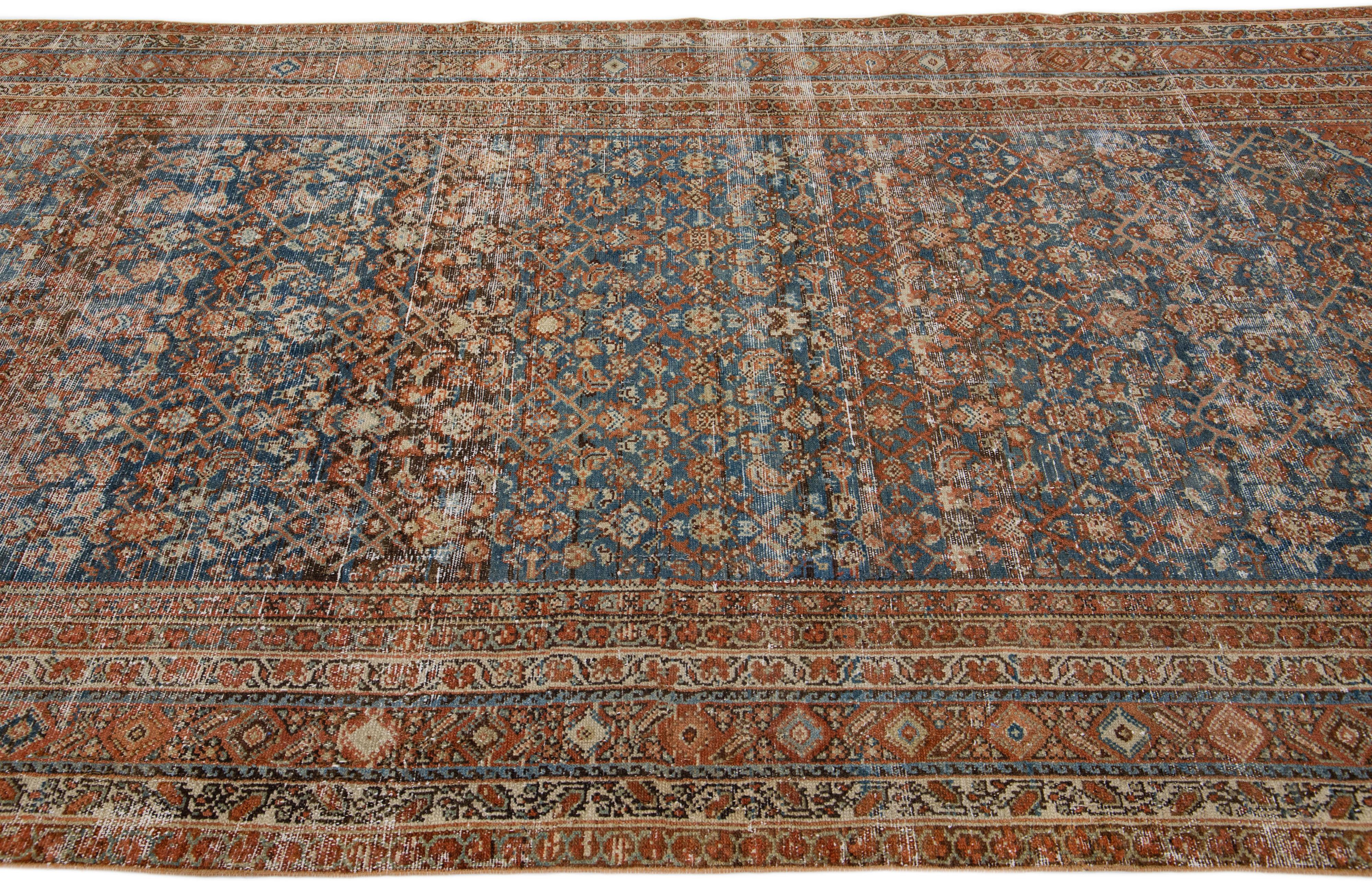 Rust Antique Persian Malayer Handmade Allover Pattern Wool Runner In Distressed Condition For Sale In Norwalk, CT