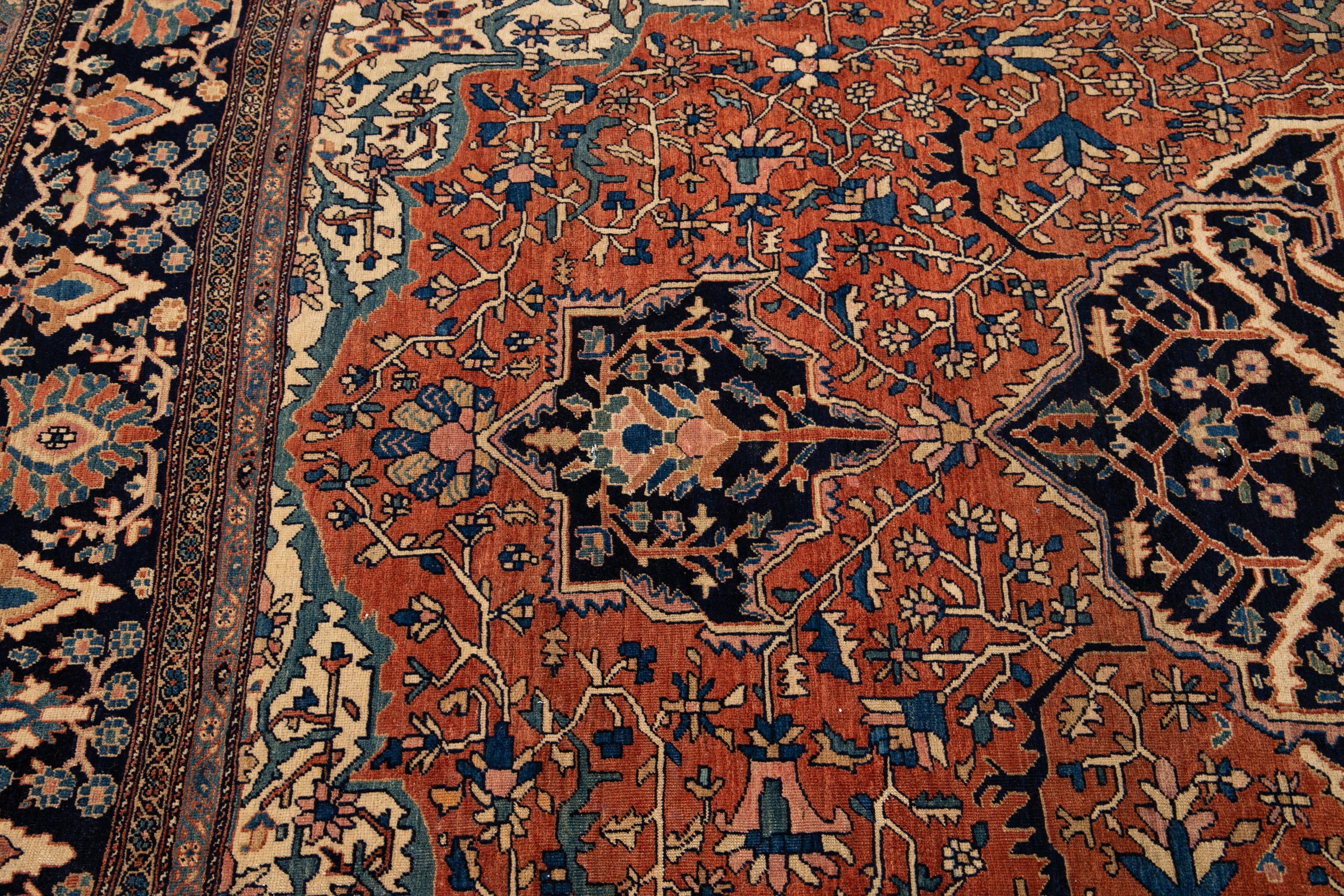 Hand-Knotted Rust Antique Persian Sarouk Farahan Handmade Medallion Wool Rugl Rug For Sale