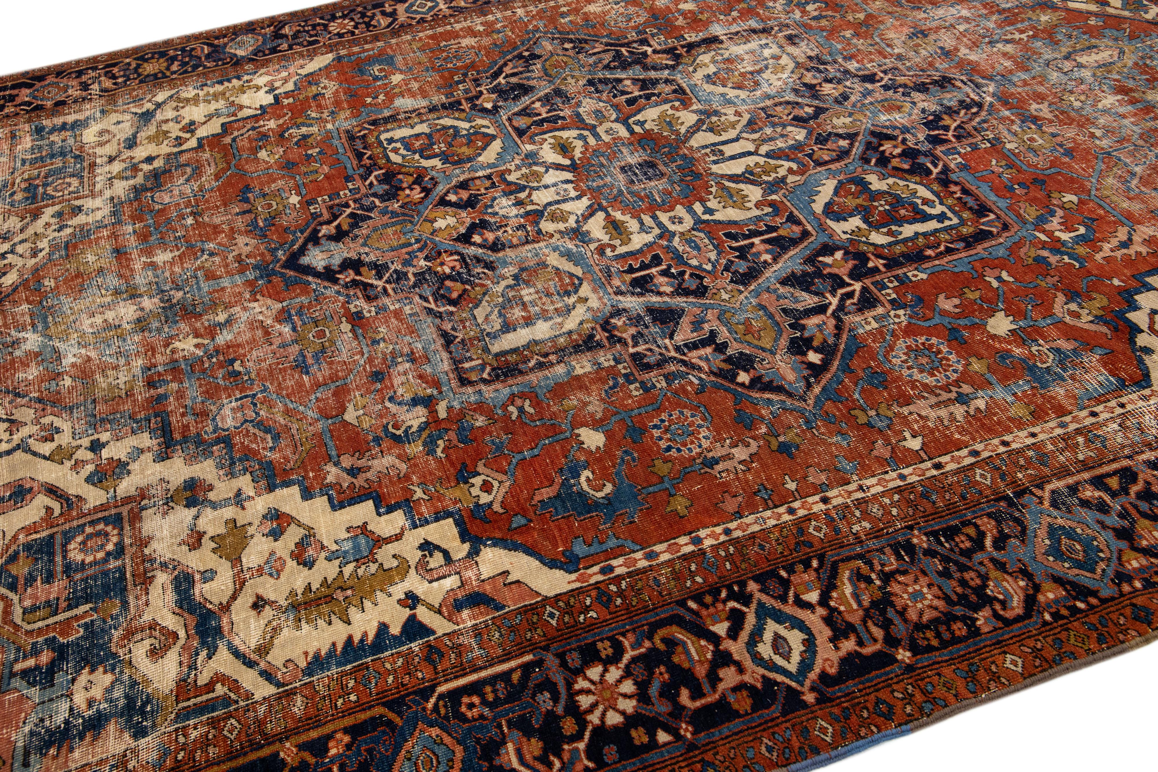 Hand-Knotted Rust Antique Persian Serapi Handmade Medallion Wool Rug For Sale