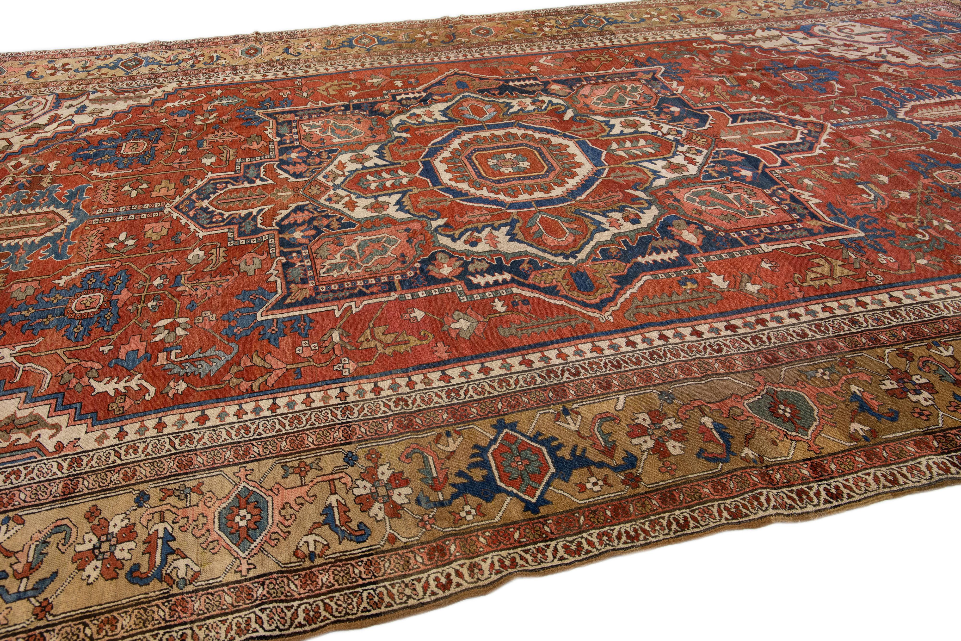 Late 19th Century Rust Antique Persian Serapi Handmade Medallion Wool Rug For Sale