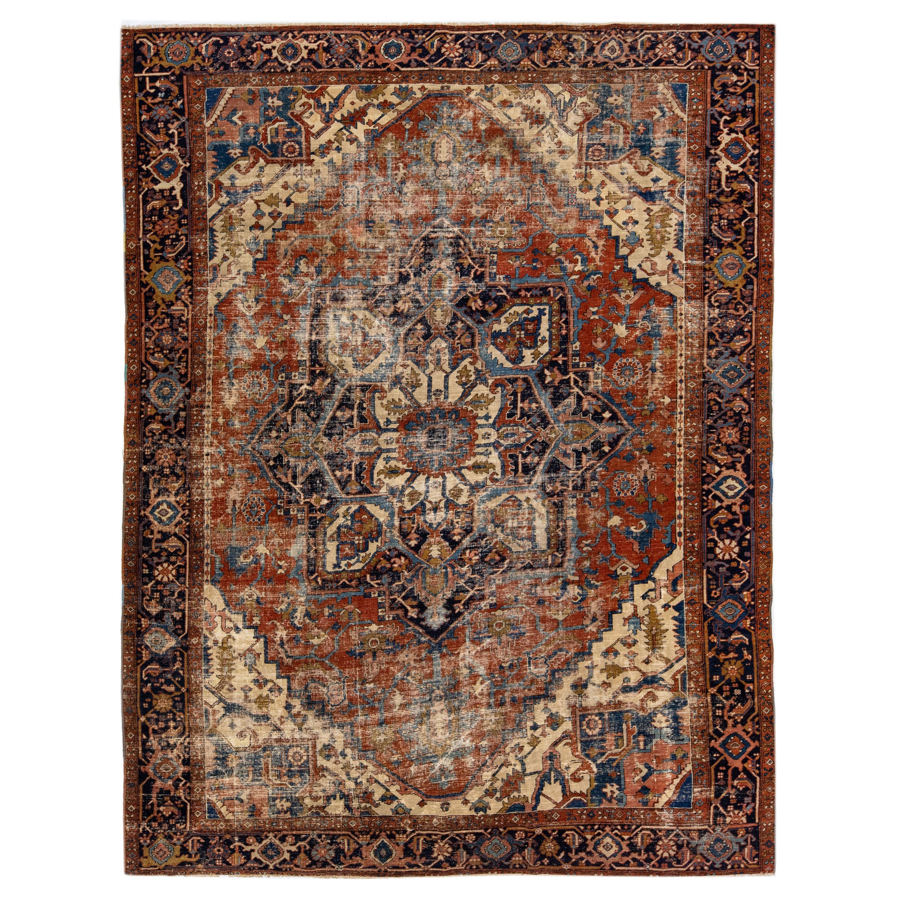 Rust Antique Persian Serapi Handmade Medallion Wool Rug