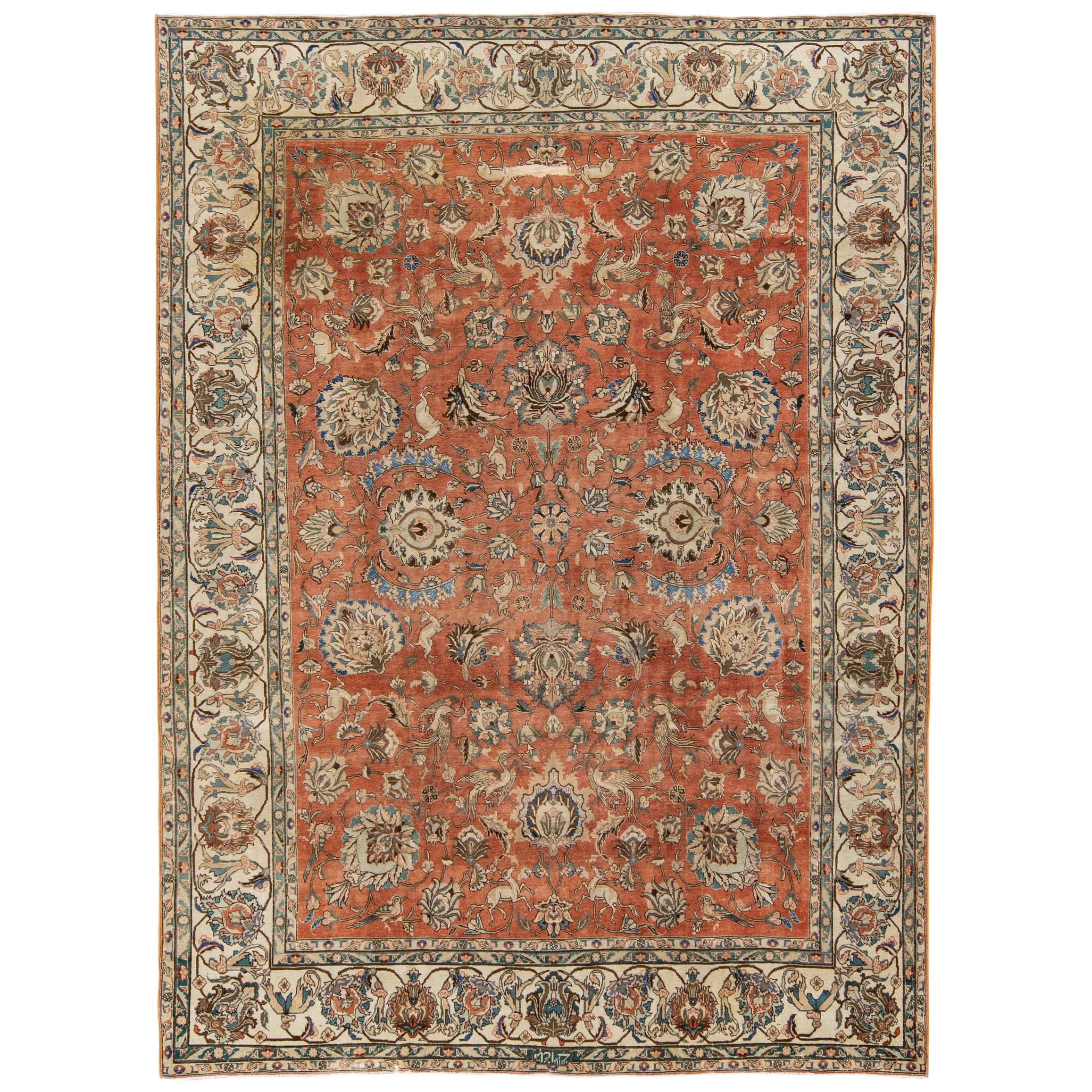 Rust Antique Persian Tabriz Handmade Allover Floral Wool Rug