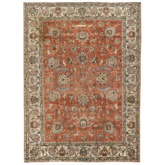 Rust Antique Persian Tabriz Handmade Allover Floral Wool Rug