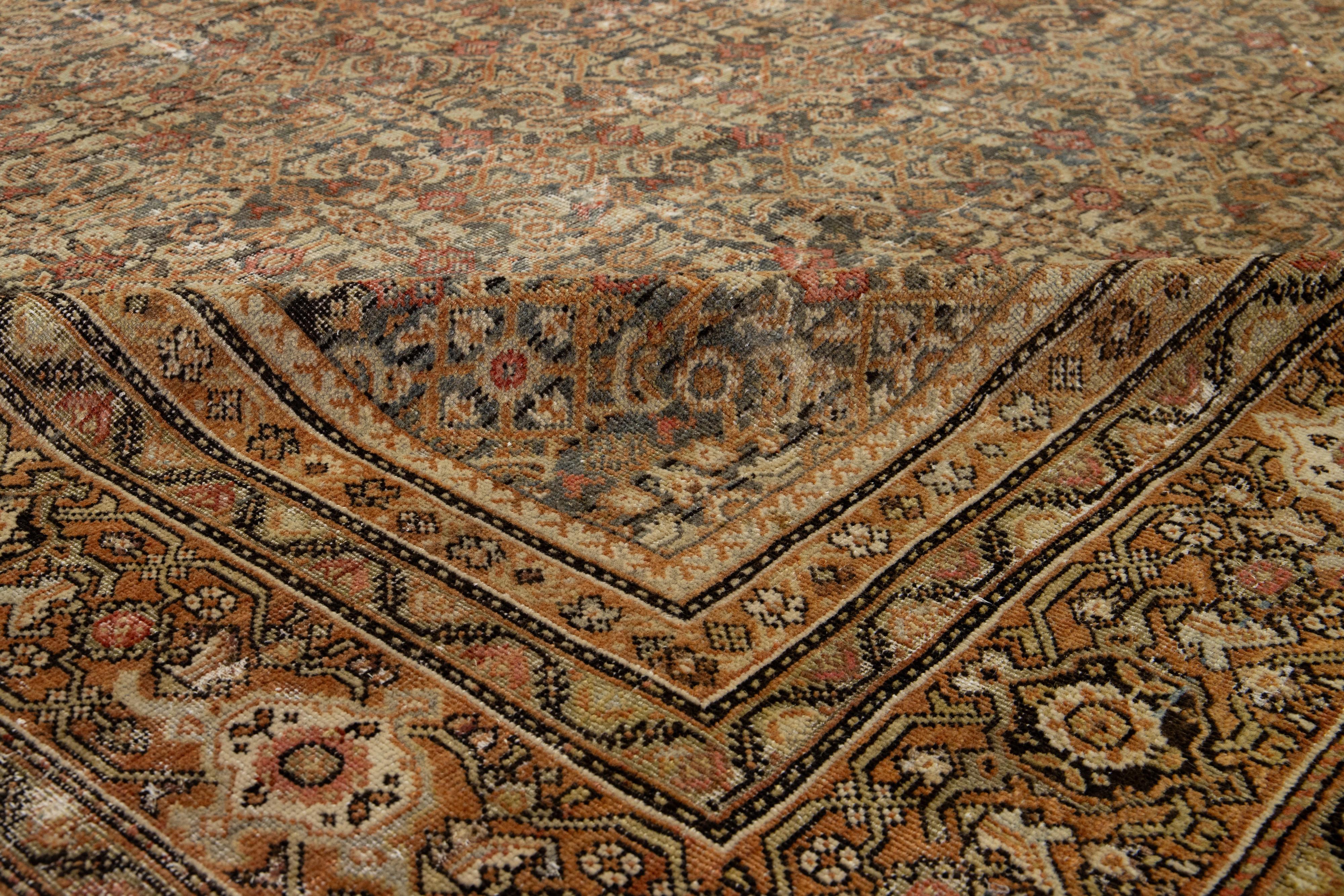 Hand-Knotted Rust Antique Persian Tabriz Handmade Wool Rug With Allover Pattern For Sale