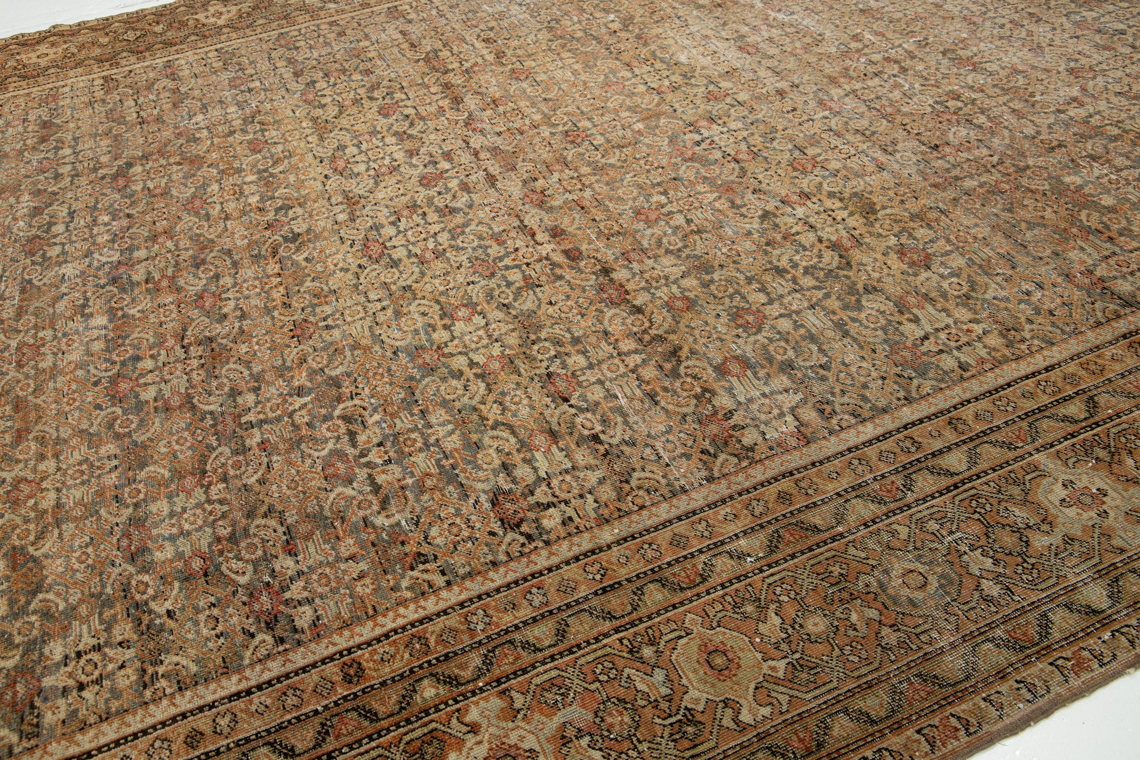 19th Century Rust Antique Persian Tabriz Handmade Wool Rug With Allover Pattern For Sale