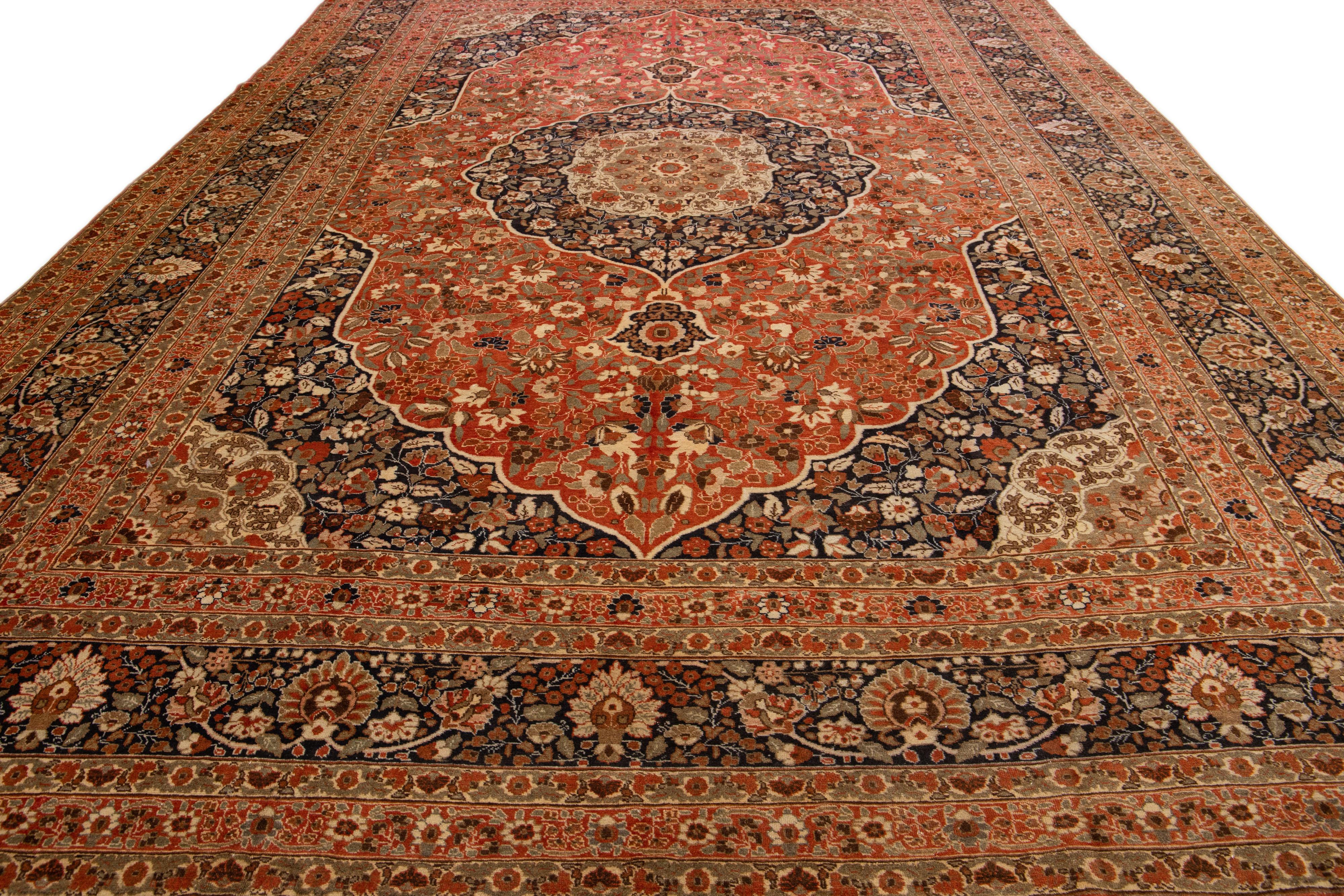 Islamic Rust Antique Tabriz Handmade Persian Wool Rug With Rosette Design For Sale