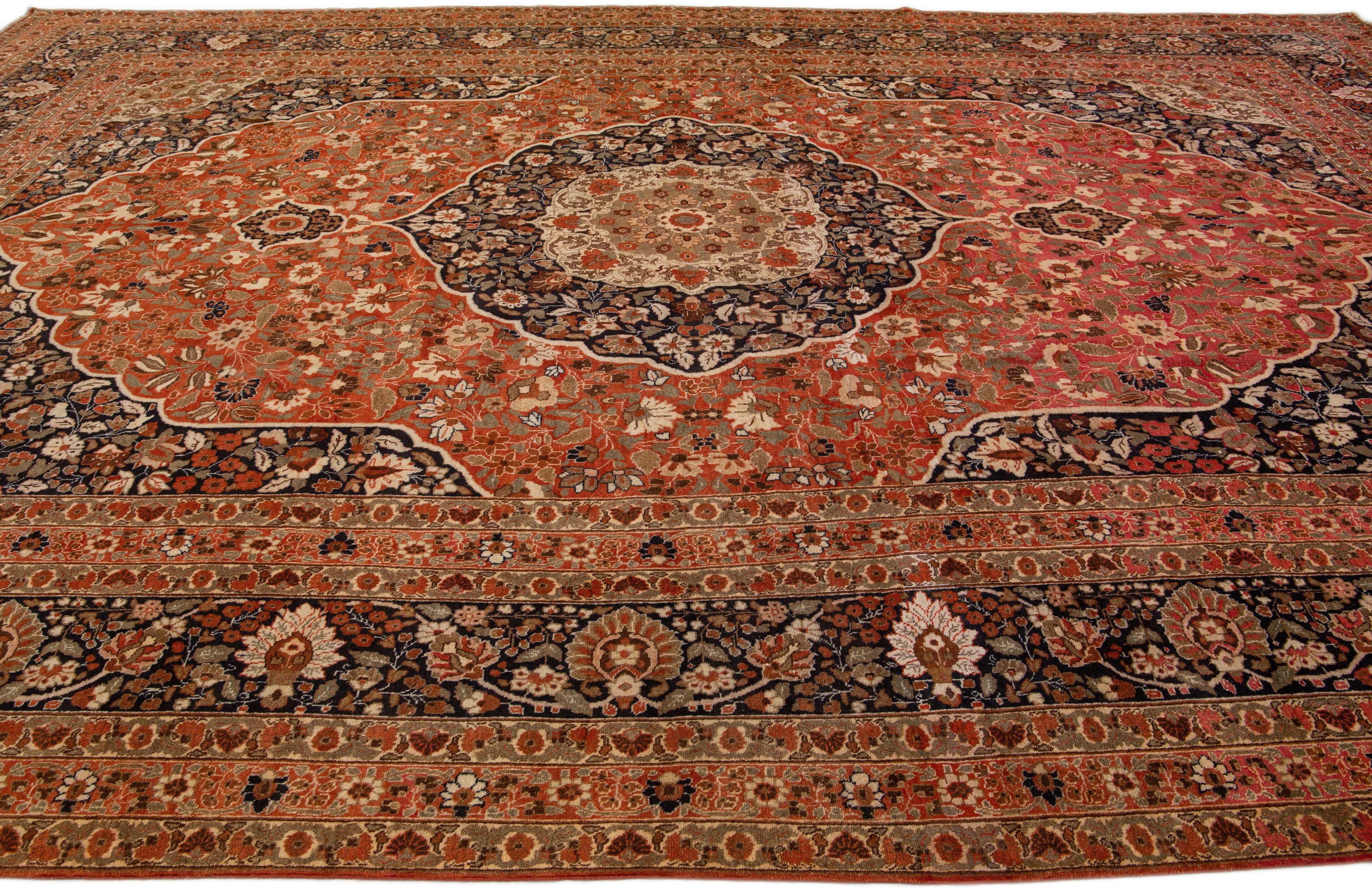 Rust Antique Tabriz Handmade Persian Wool Rug With Rosette Design In Excellent Condition For Sale In Norwalk, CT