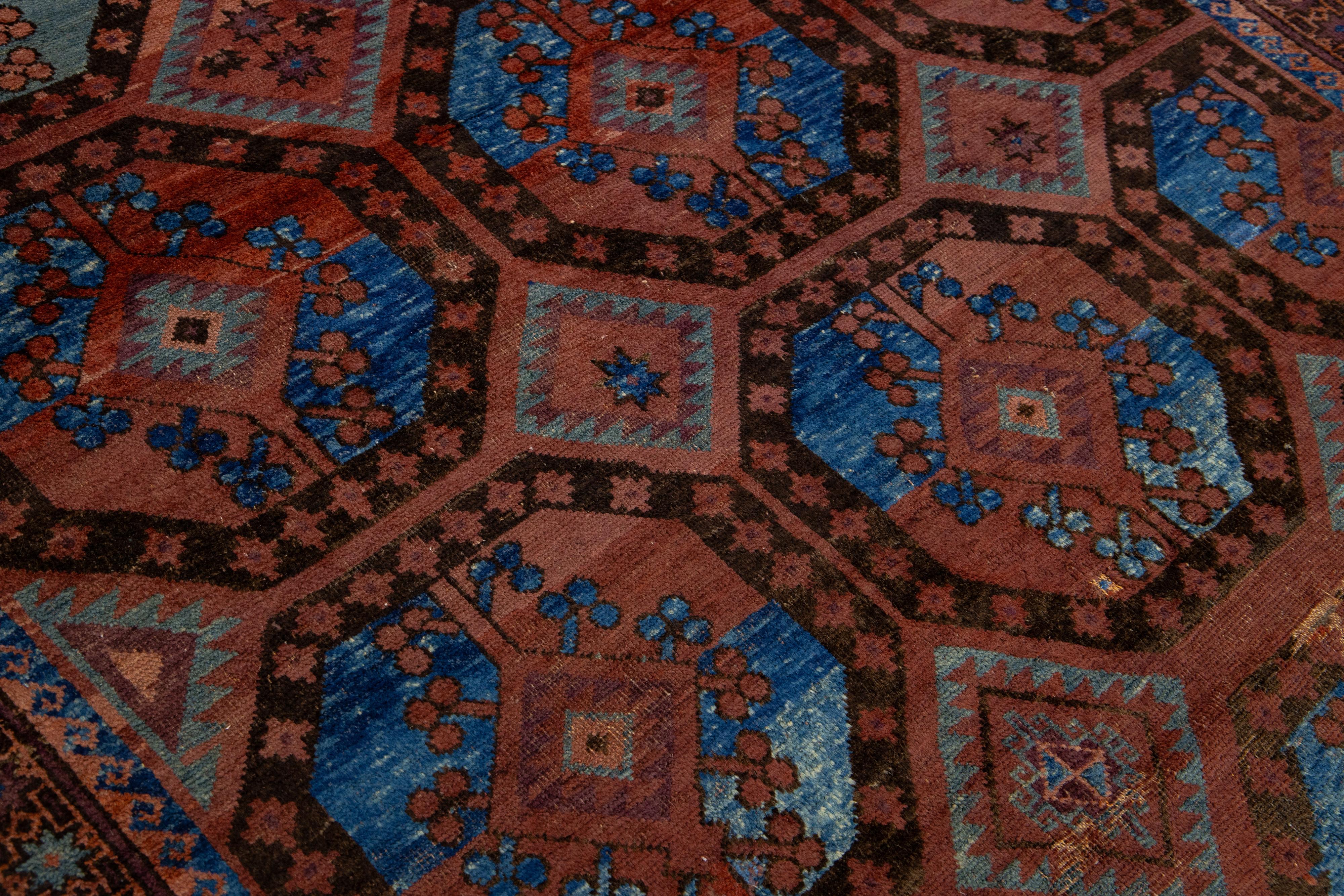 Rust Antique Turkmen Persian Wool Rug With Geometric Design For Sale 1