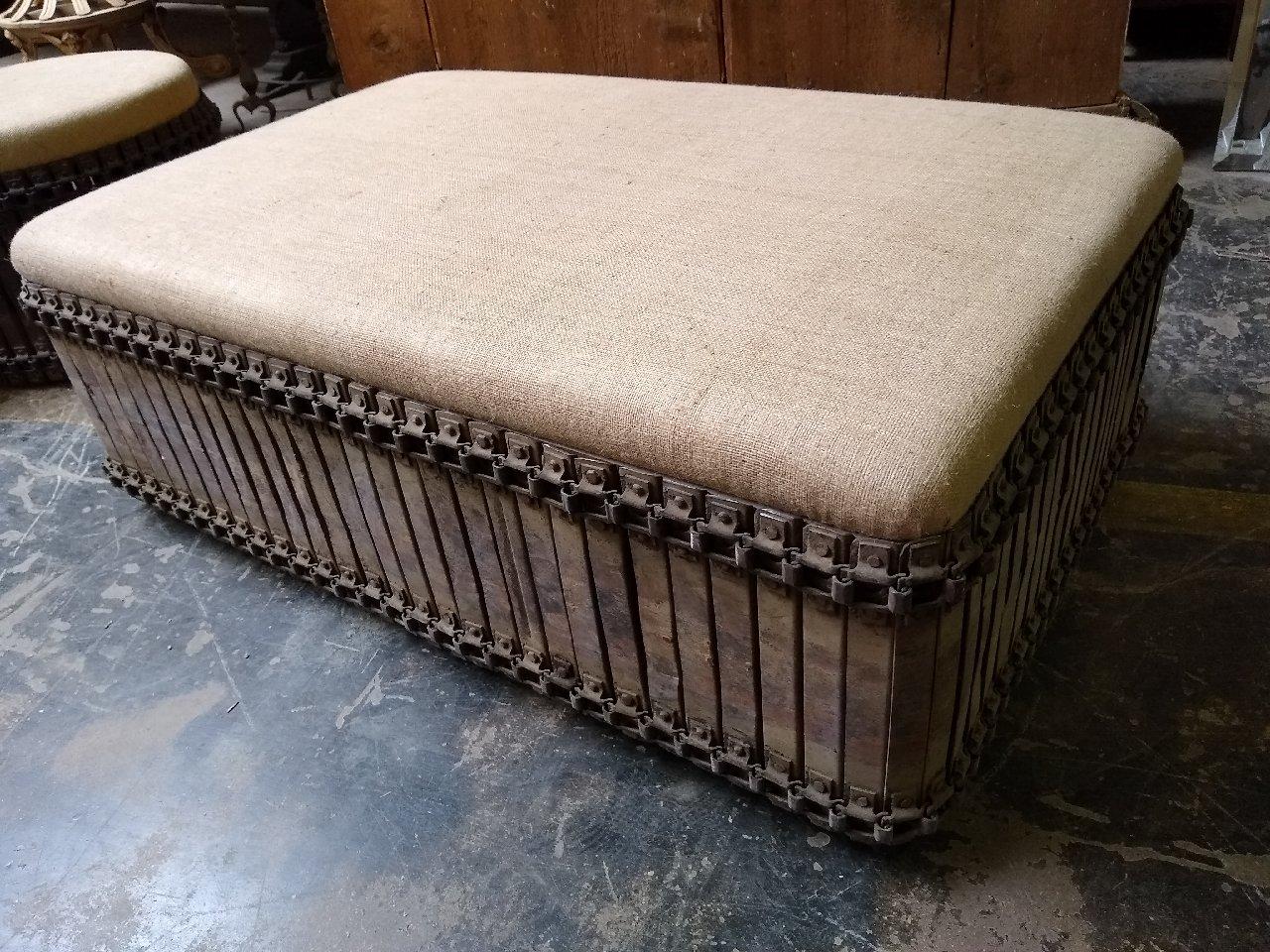 We started making our Rust Belt Ottoman series, designed by Joann Westwater, a few years ago. Most have been round, and on casters, but we were inspired to do a larger piece as a coffee table. The old metal belts have a wonderful variation of color,