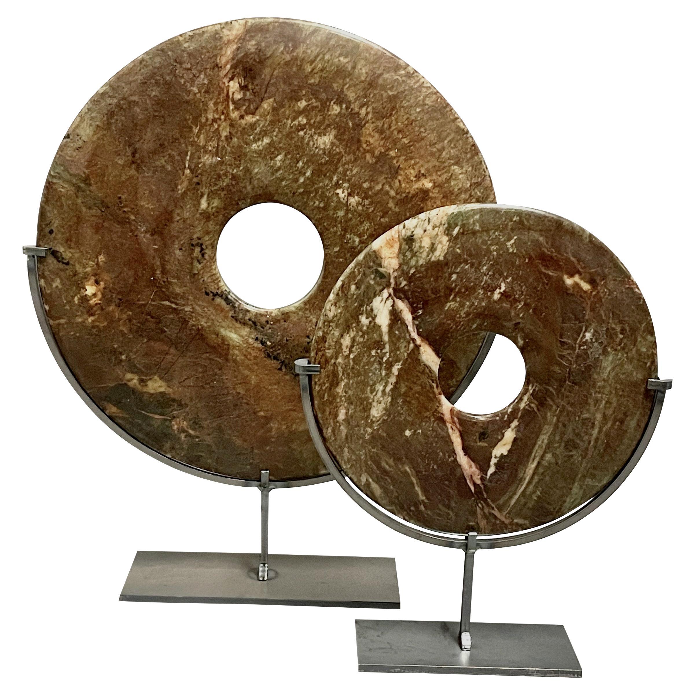 Rust, Brown And Beige In Color Set Of Two Jade Discs, China, Contemporary For Sale