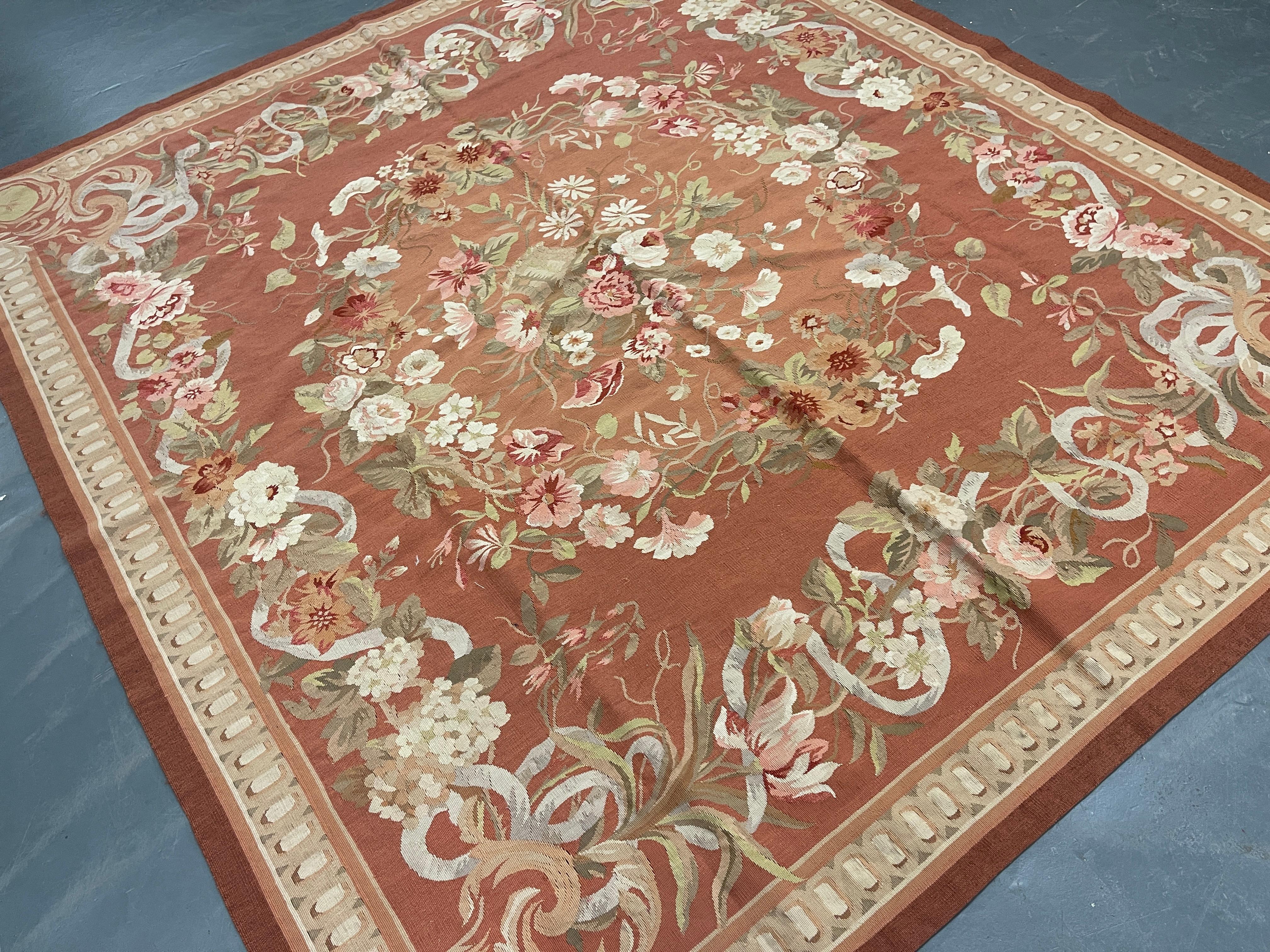 French Rust Brown Carpet Aubusson Square Rug Handwoven Wool Needlepoint Livingroom Rug  For Sale