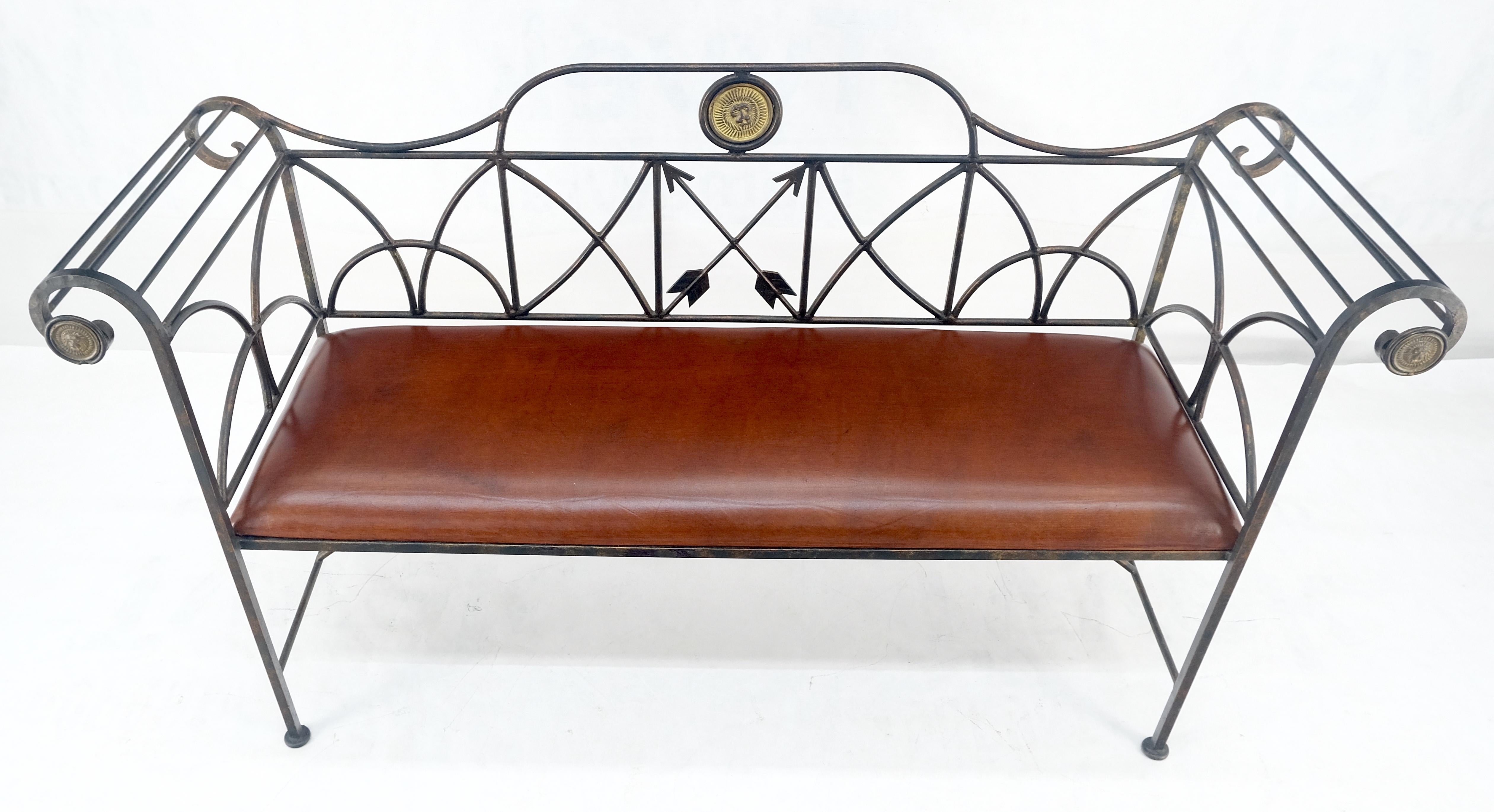 Mid-Century Modern Rust Brown Leather Seat Wrought Iron Arrows Decorated 46