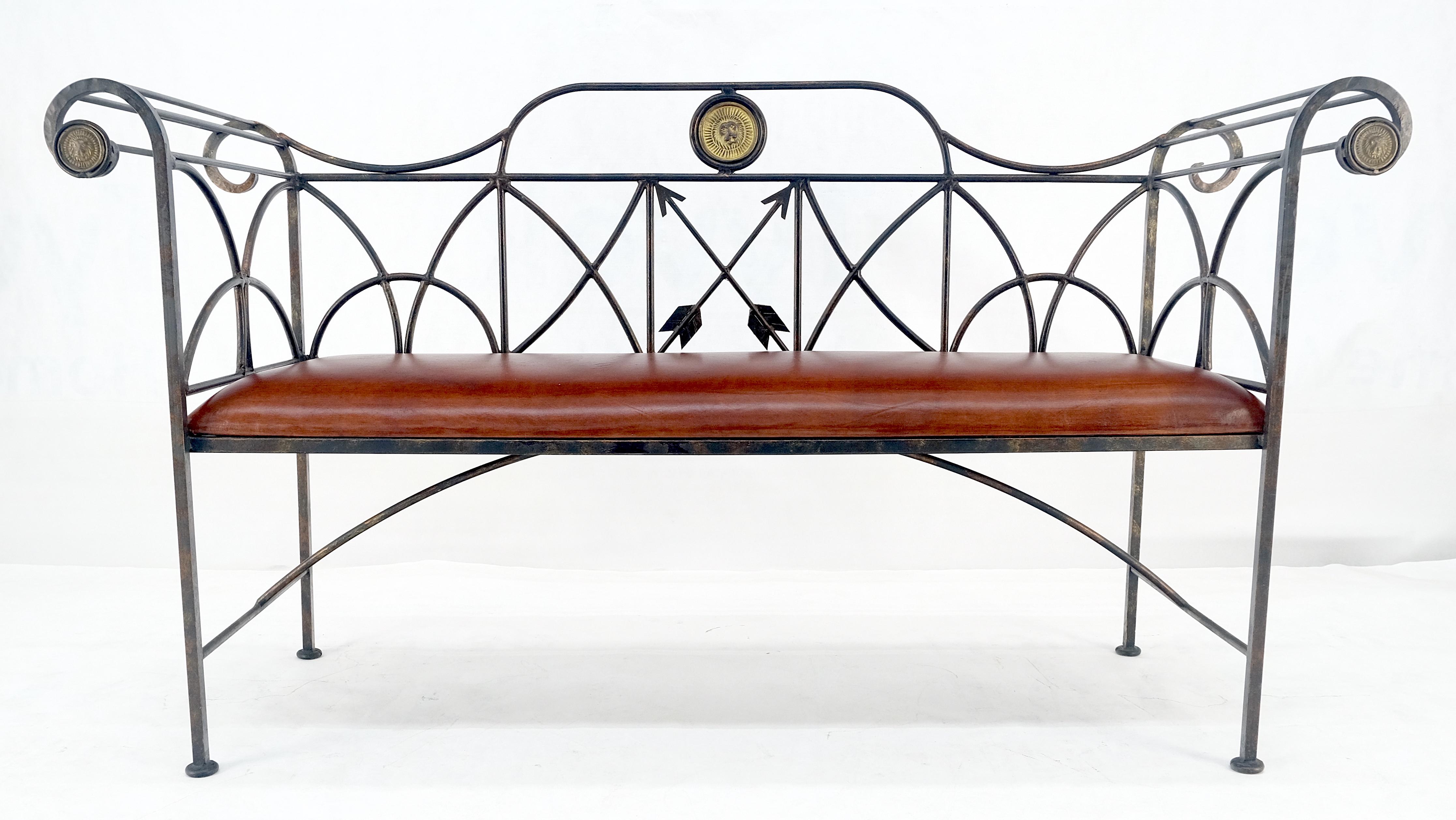 20th Century Rust Brown Leather Seat Wrought Iron Arrows Decorated 46