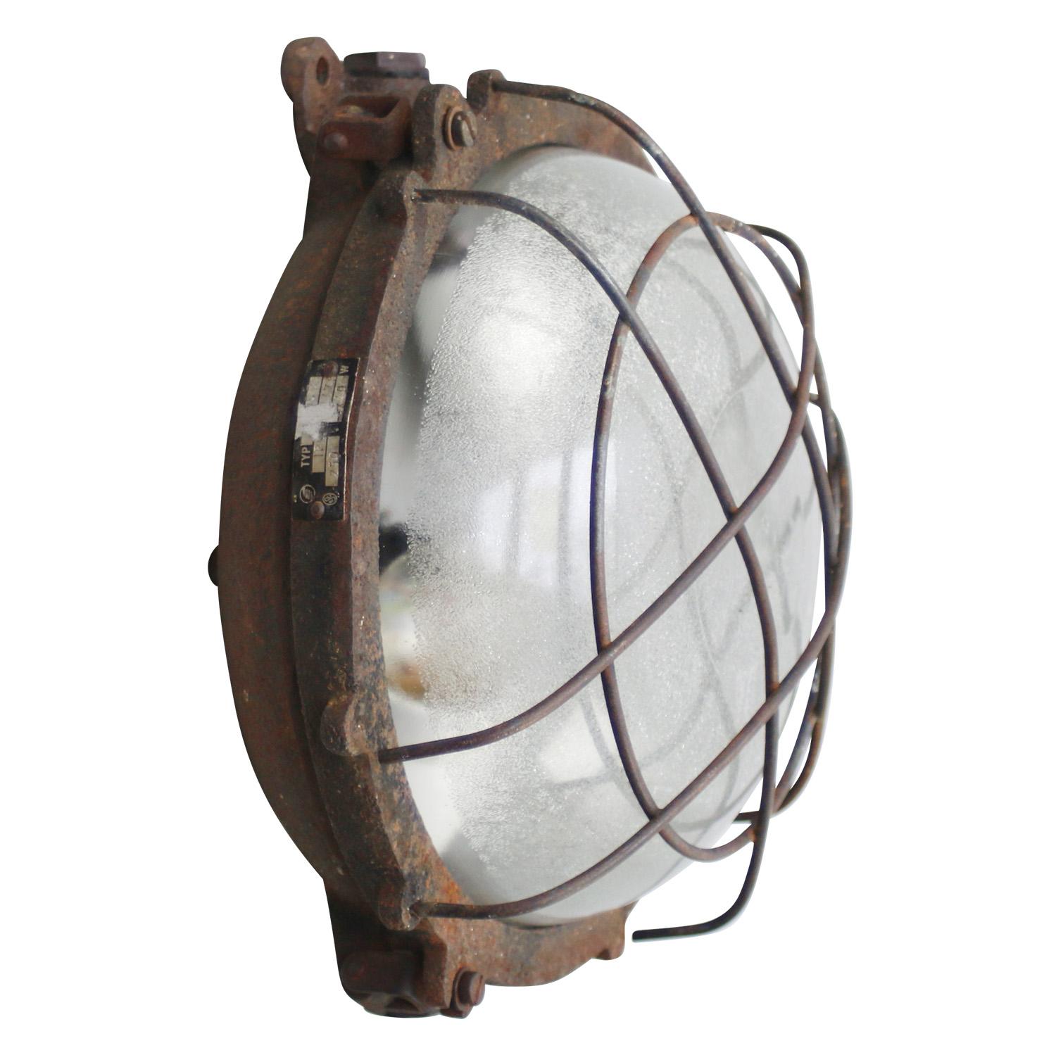 Industrial scone, wall and ceiling light, flush mount.
Cast iron with frosted glass

2x E26 / E27

Weight: 4.50 kg / 9.9 lb

Priced per individual item. All lamps have been made suitable by international standards for incandescent light bulbs,