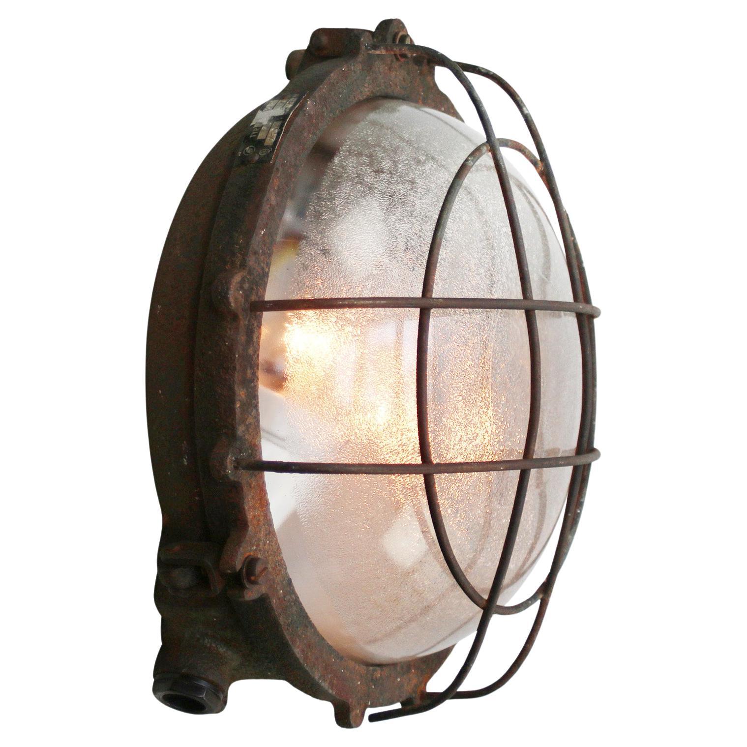 Rust Cast Iron Vintage Industrial Frosted Glass Scone Wall Light For Sale