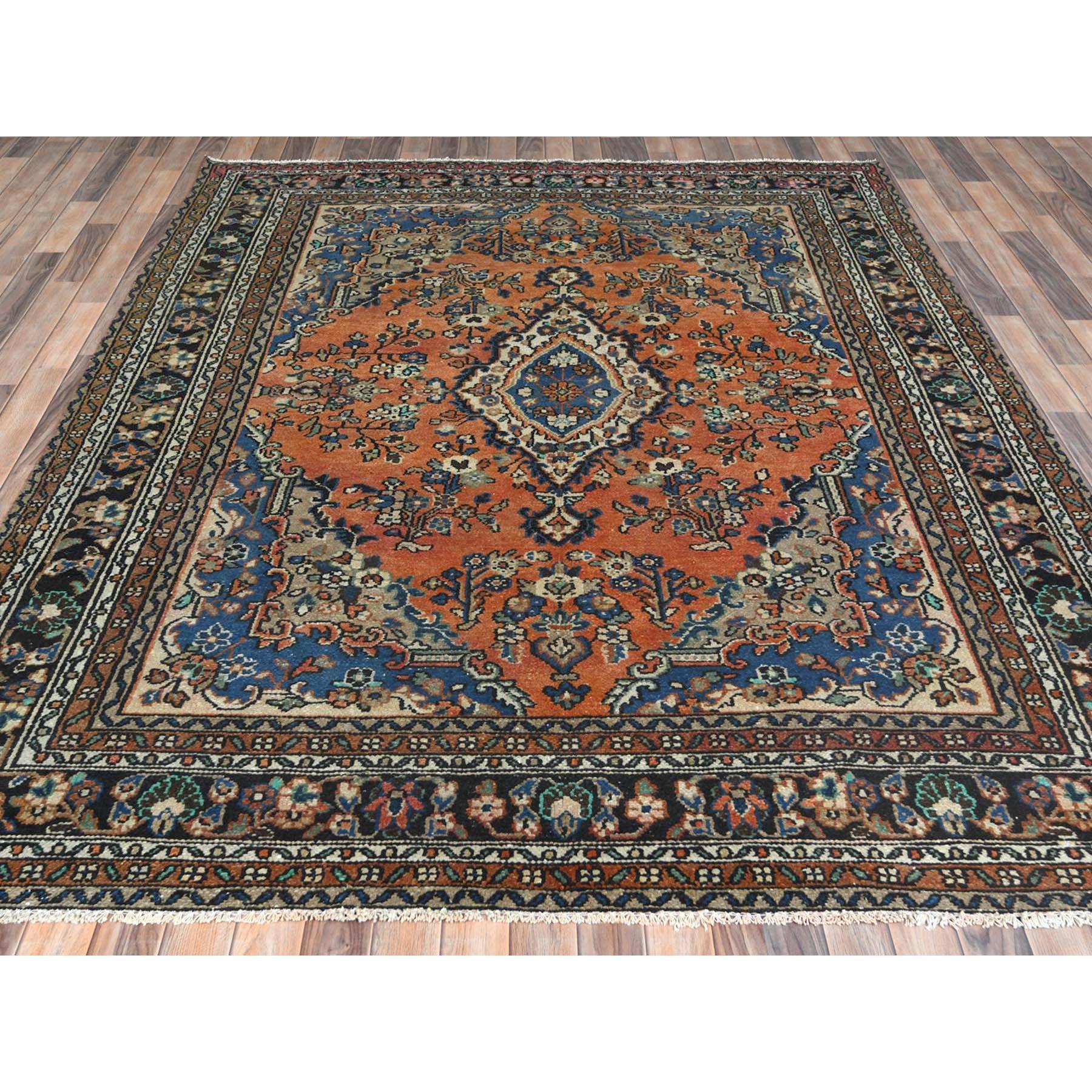 Medieval Rust Color Distressed Look Worn Wool Hand Knotted Vintage Persian Bibikabad Rug For Sale