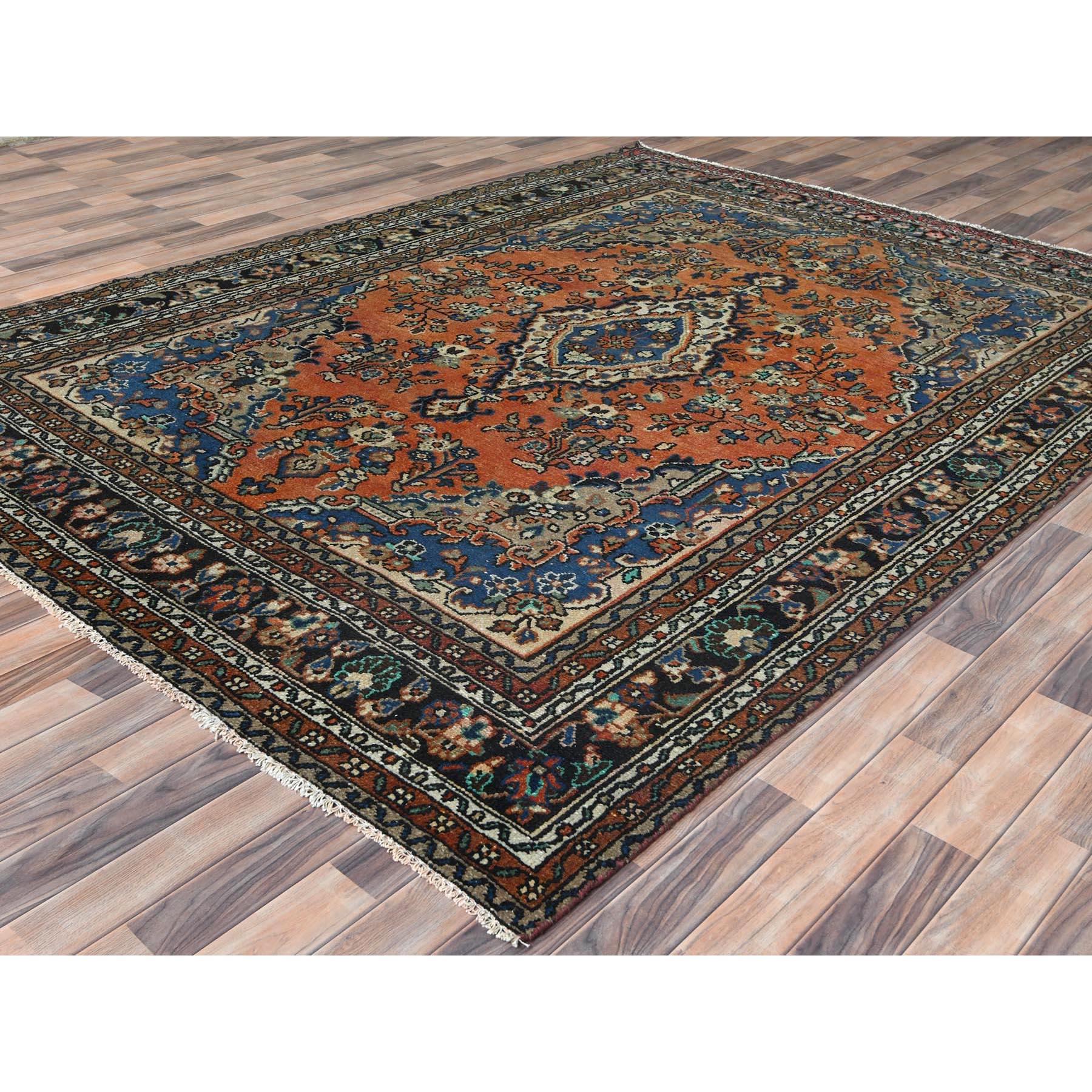Hand-Knotted Rust Color Distressed Look Worn Wool Hand Knotted Vintage Persian Bibikabad Rug For Sale