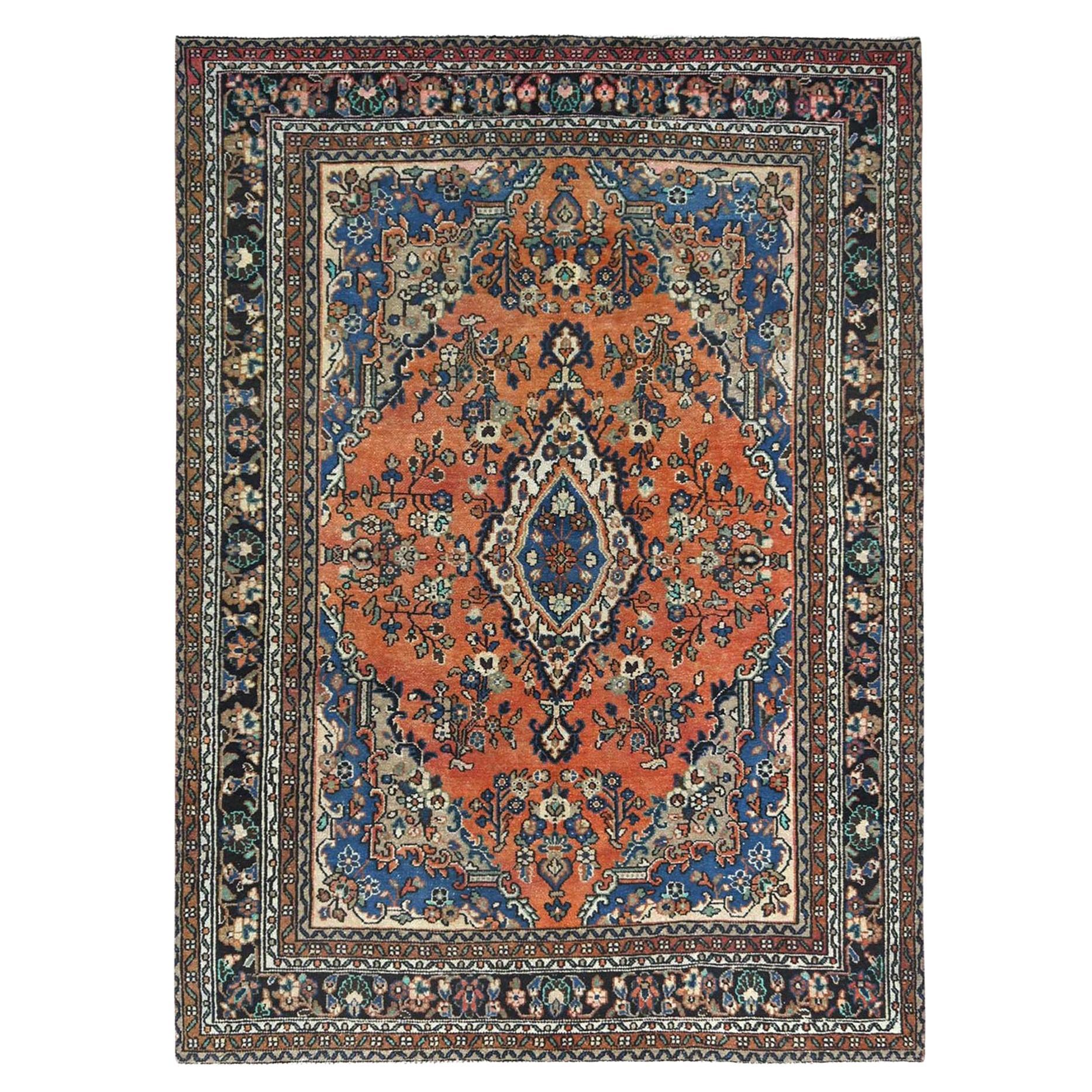 Rust Color Distressed Look Worn Wool Hand Knotted Vintage Persian Bibikabad Rug
