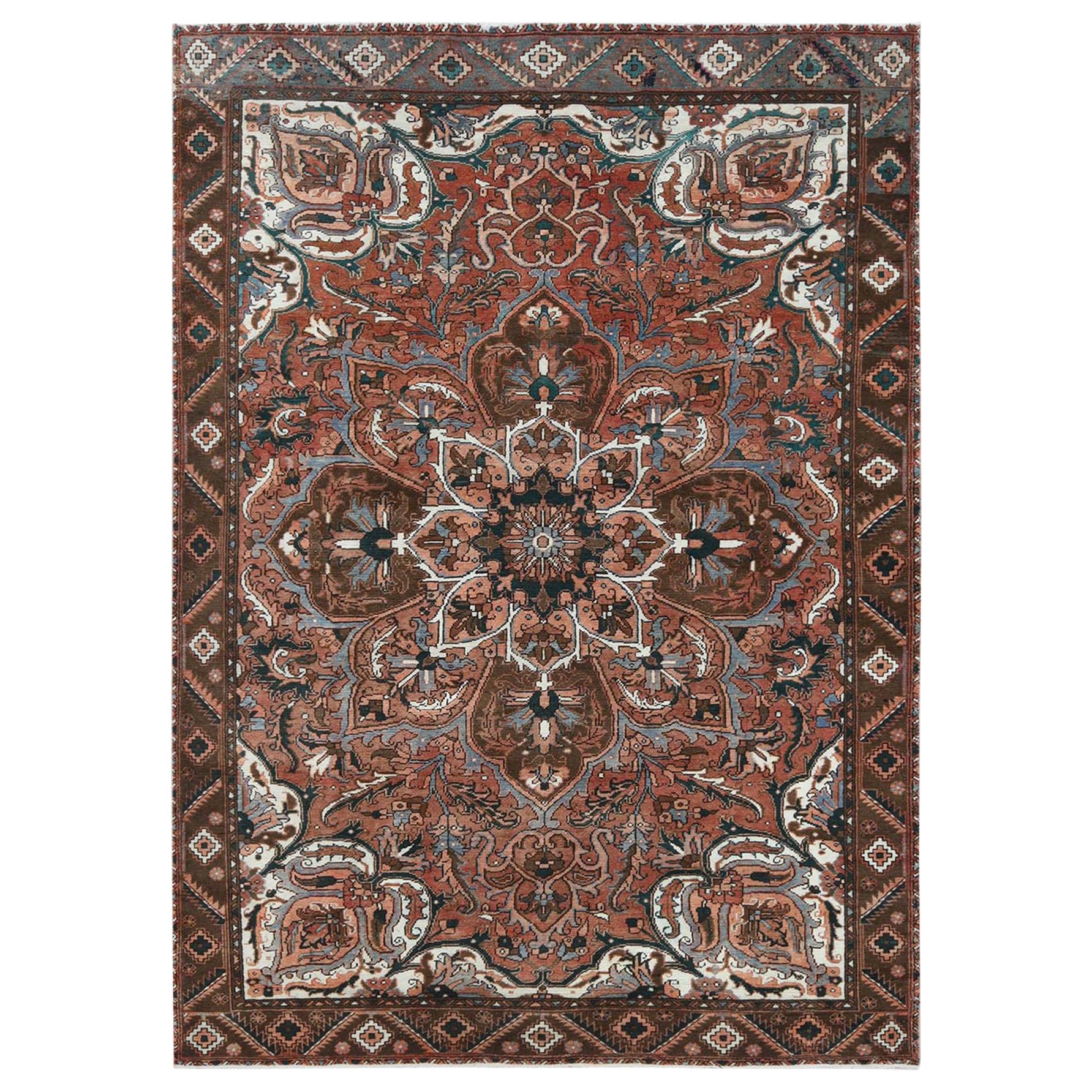 Rust Color Flower Design Persian Heriz Vintage Oriental Rug