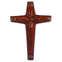 Rust Colored Mid-Century Crucifix, Celtic Style, Ceramic, 1960s