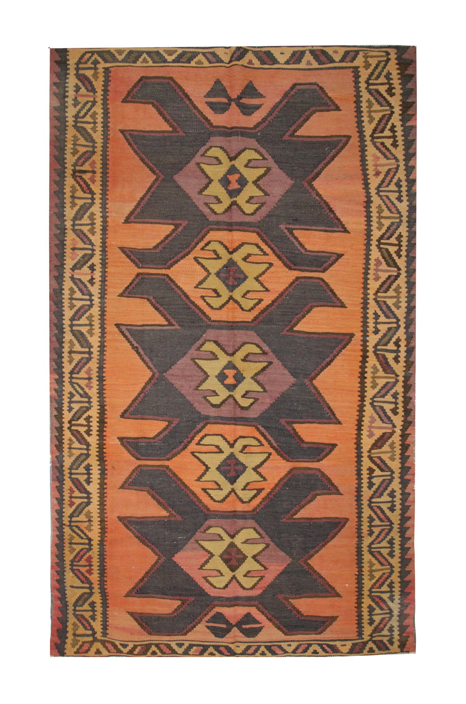 Rost Geometrische Kilim Läufer, Handgefertigt Tribal Wolle Flachgewebe, Boho Flur Teppich (Art nouveau) im Angebot