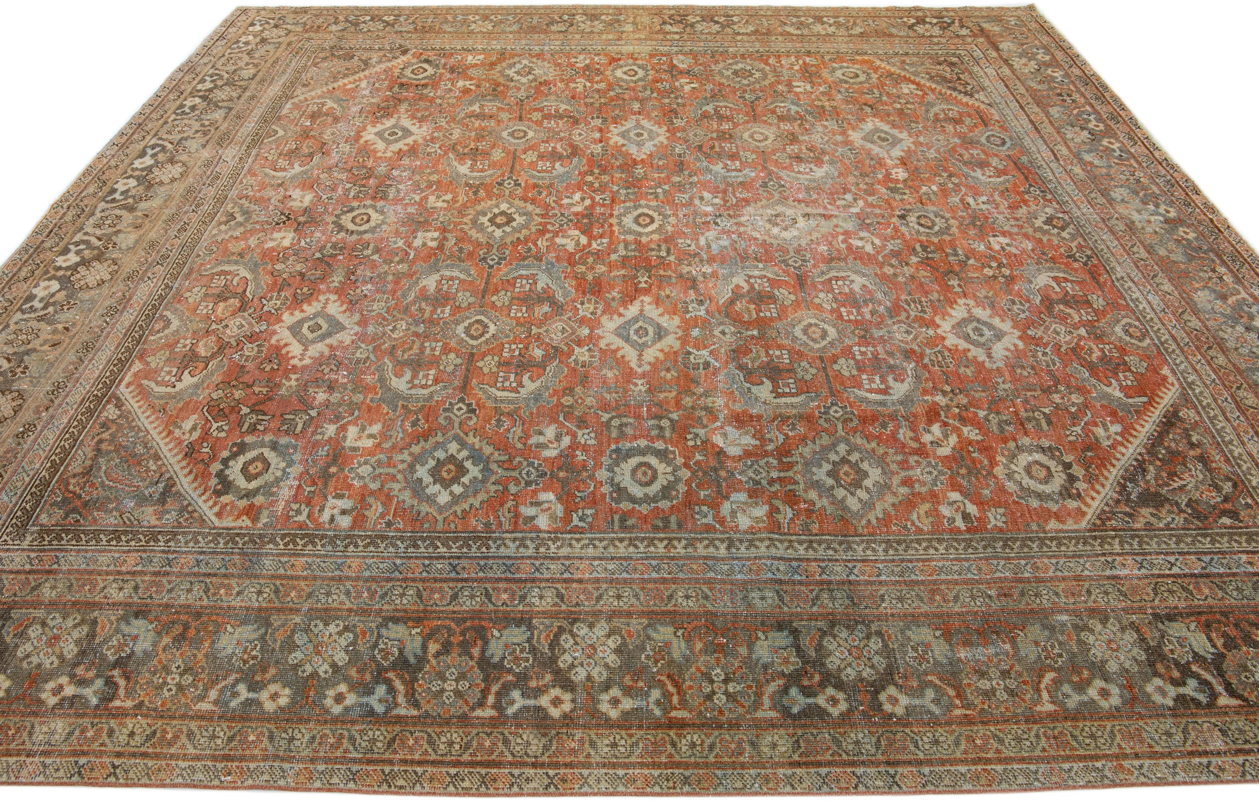 Islamic Rust Handmade Antique Persian Mahal Square Wool Rug with Allover Motif For Sale