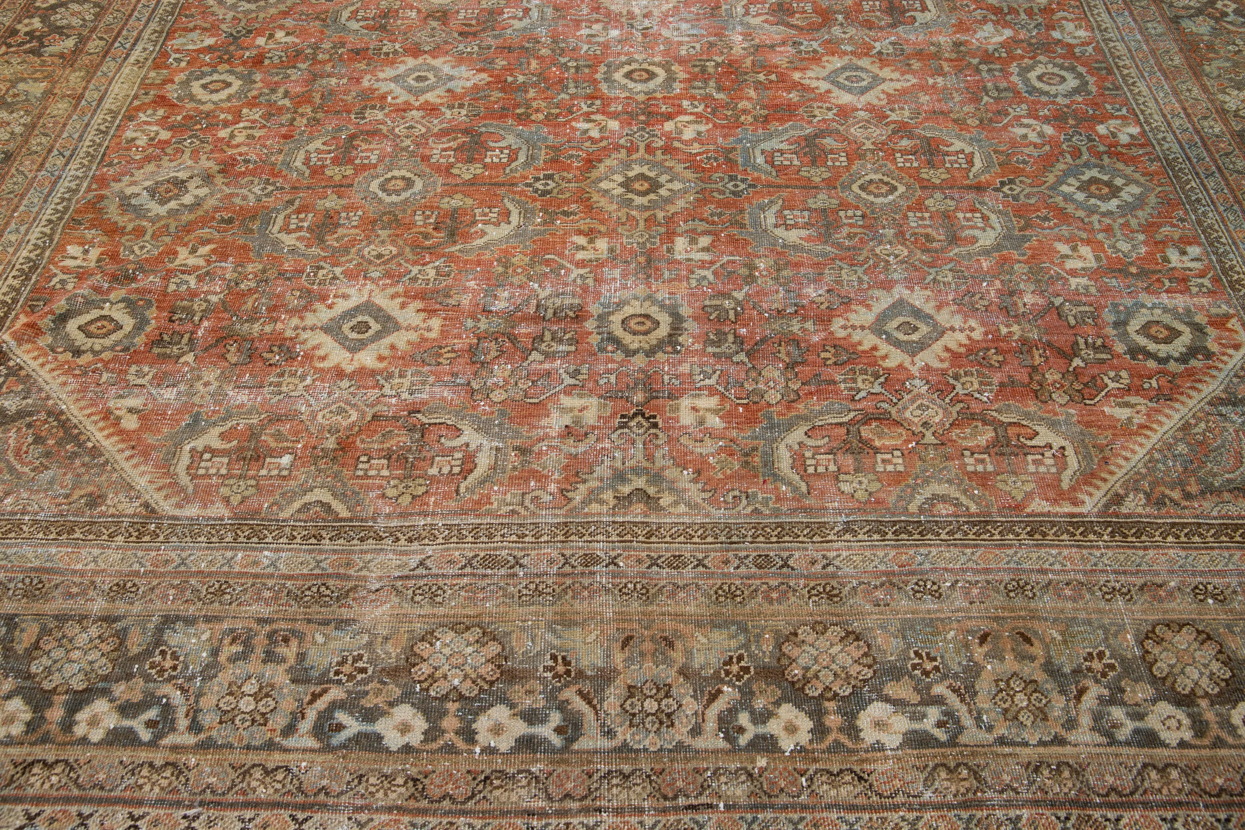 Hand-Knotted Rust Handmade Antique Persian Mahal Square Wool Rug with Allover Motif For Sale