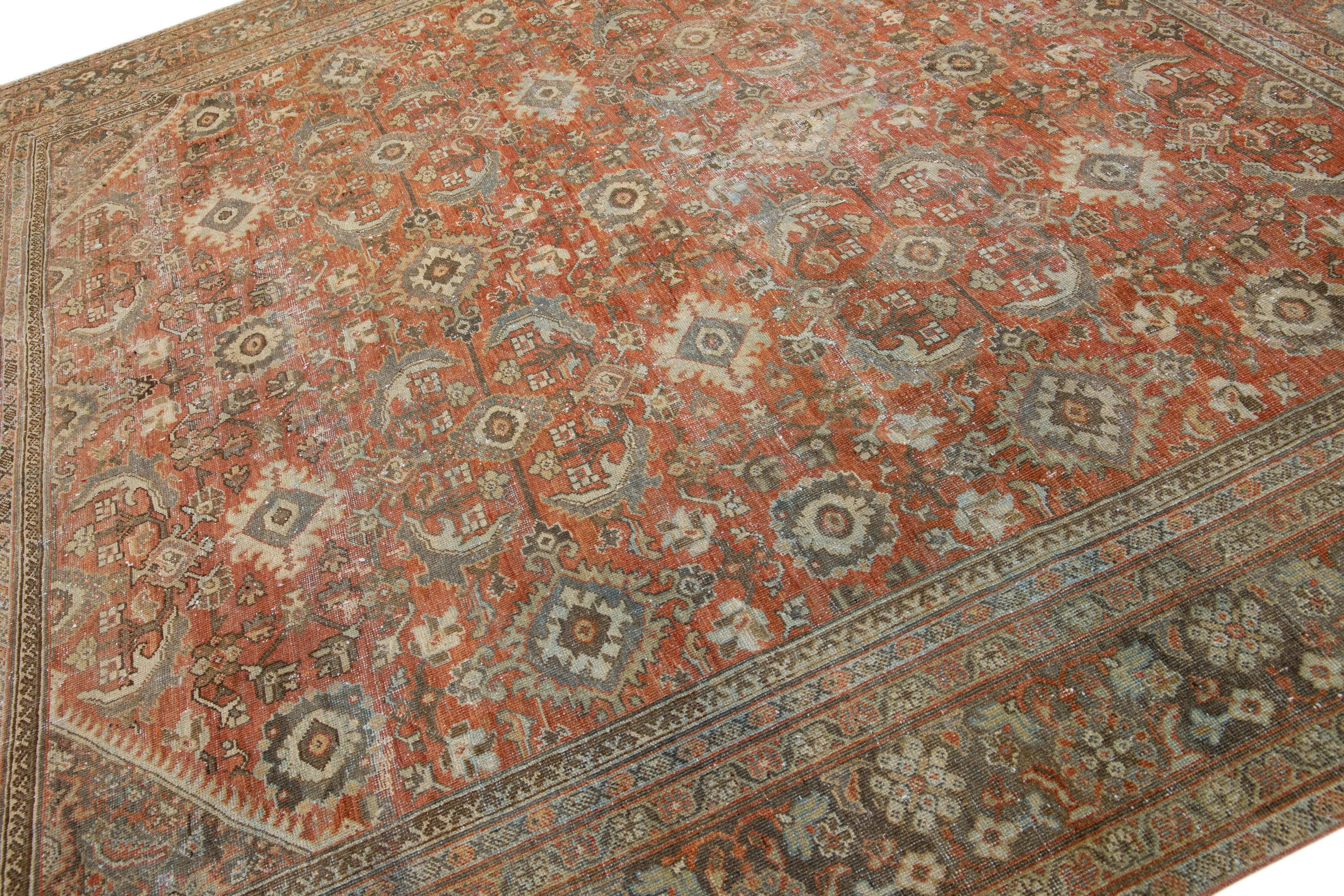 Rust Handmade Antique Persian Mahal Square Wool Rug with Allover Motif In Good Condition For Sale In Norwalk, CT