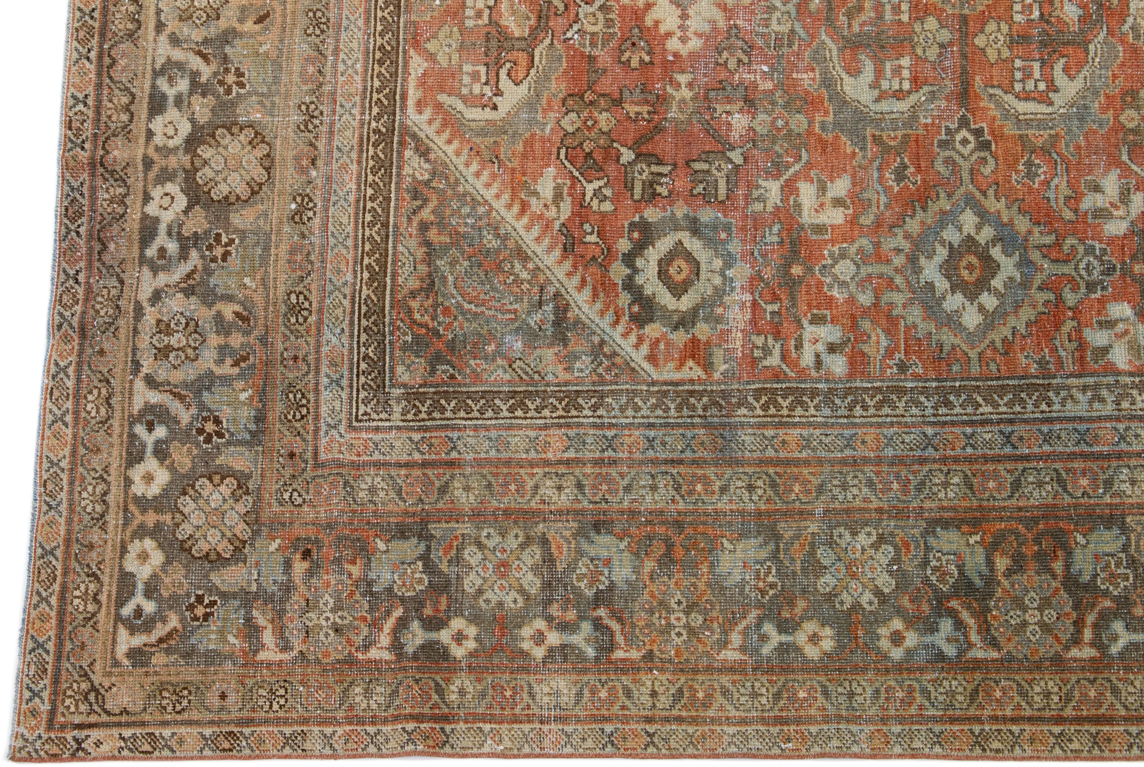 20th Century Rust Handmade Antique Persian Mahal Square Wool Rug with Allover Motif For Sale