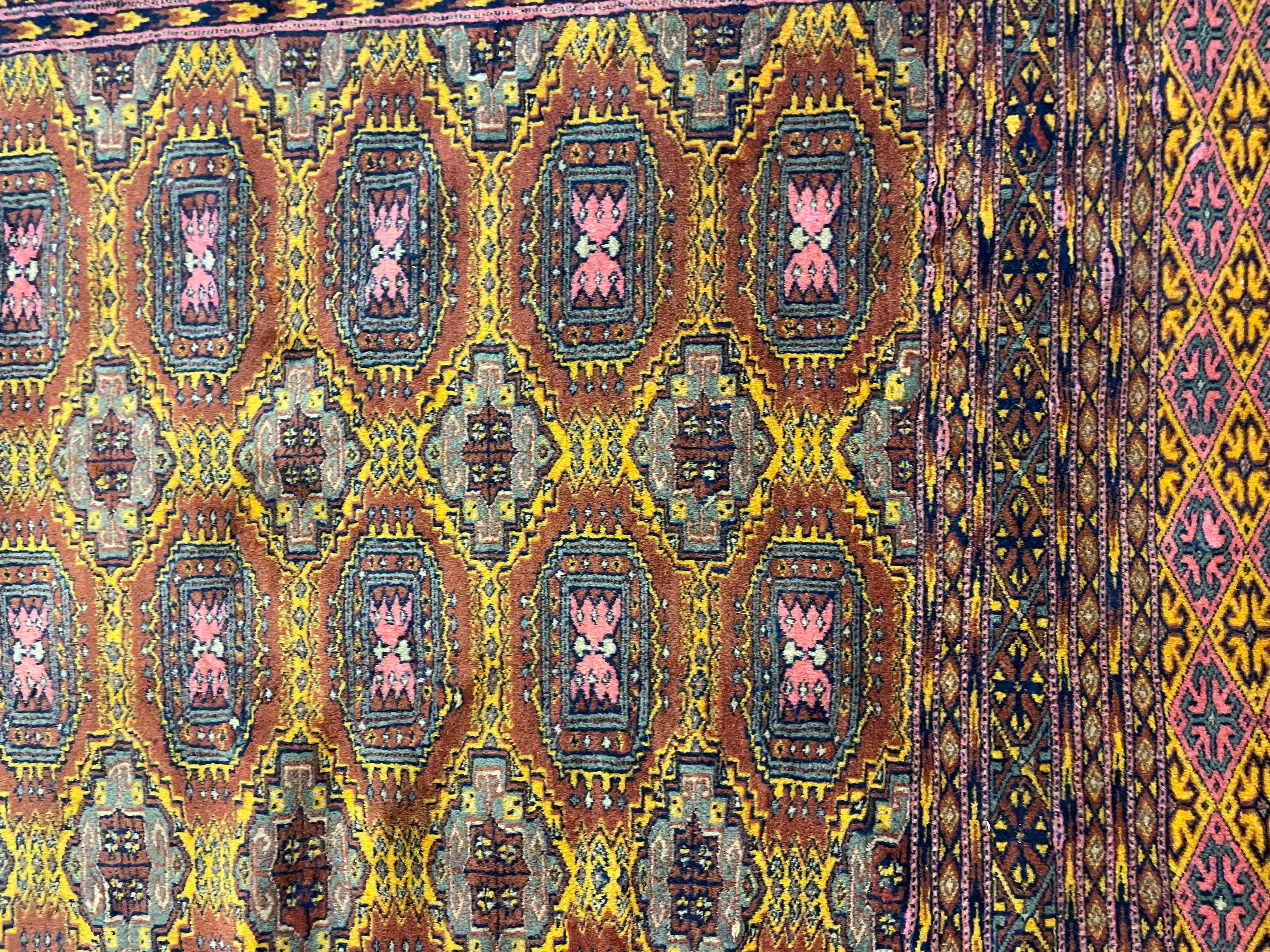 Rust Handmade Carpet Bokhara Area Rug, Wool Repeat Pattern Vintage Rugs Green For Sale 8