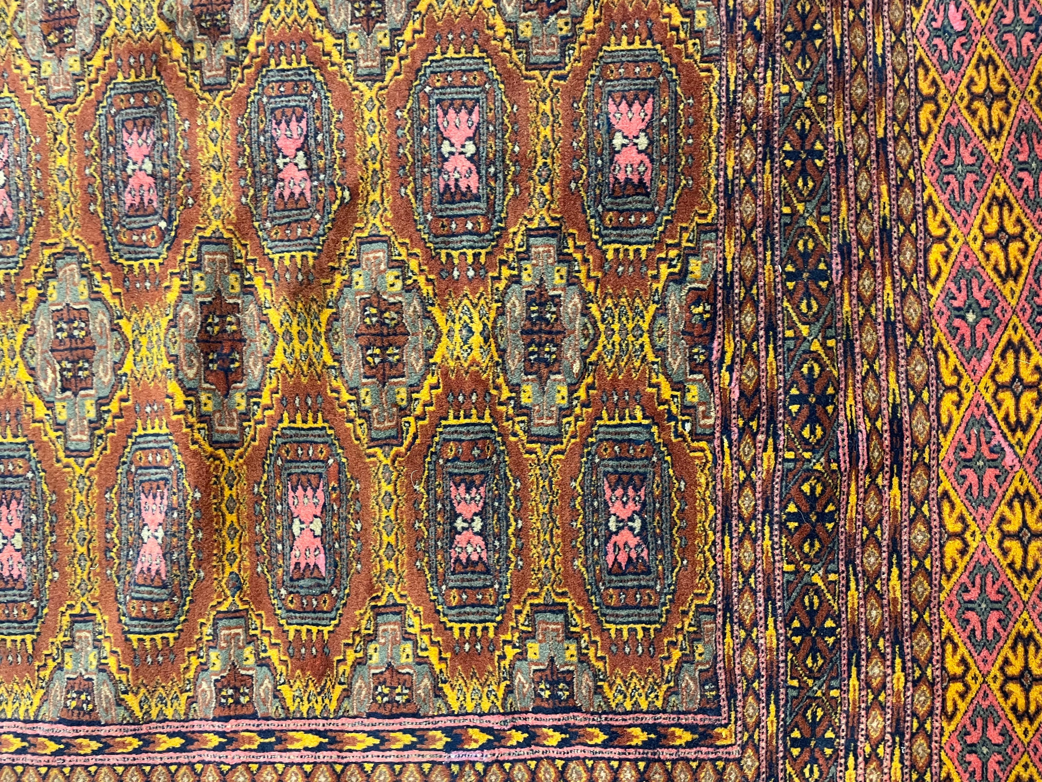 Rust Handmade Carpet Bokhara Area Rug, Wool Repeat Pattern Vintage Rugs Green For Sale 9