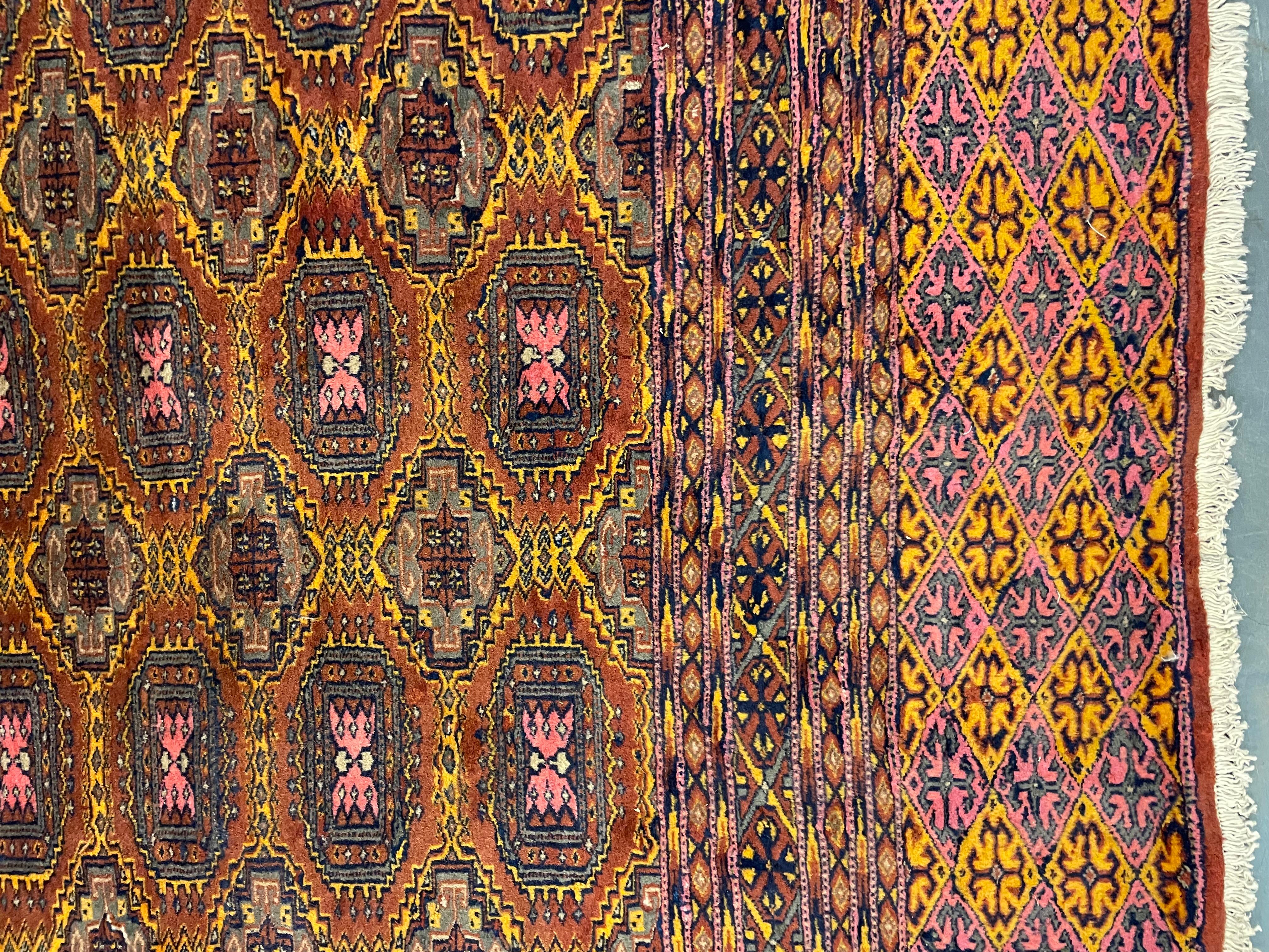Rust Handmade Carpet Bokhara Area Rug, Wool Repeat Pattern Vintage Rugs Green For Sale 1
