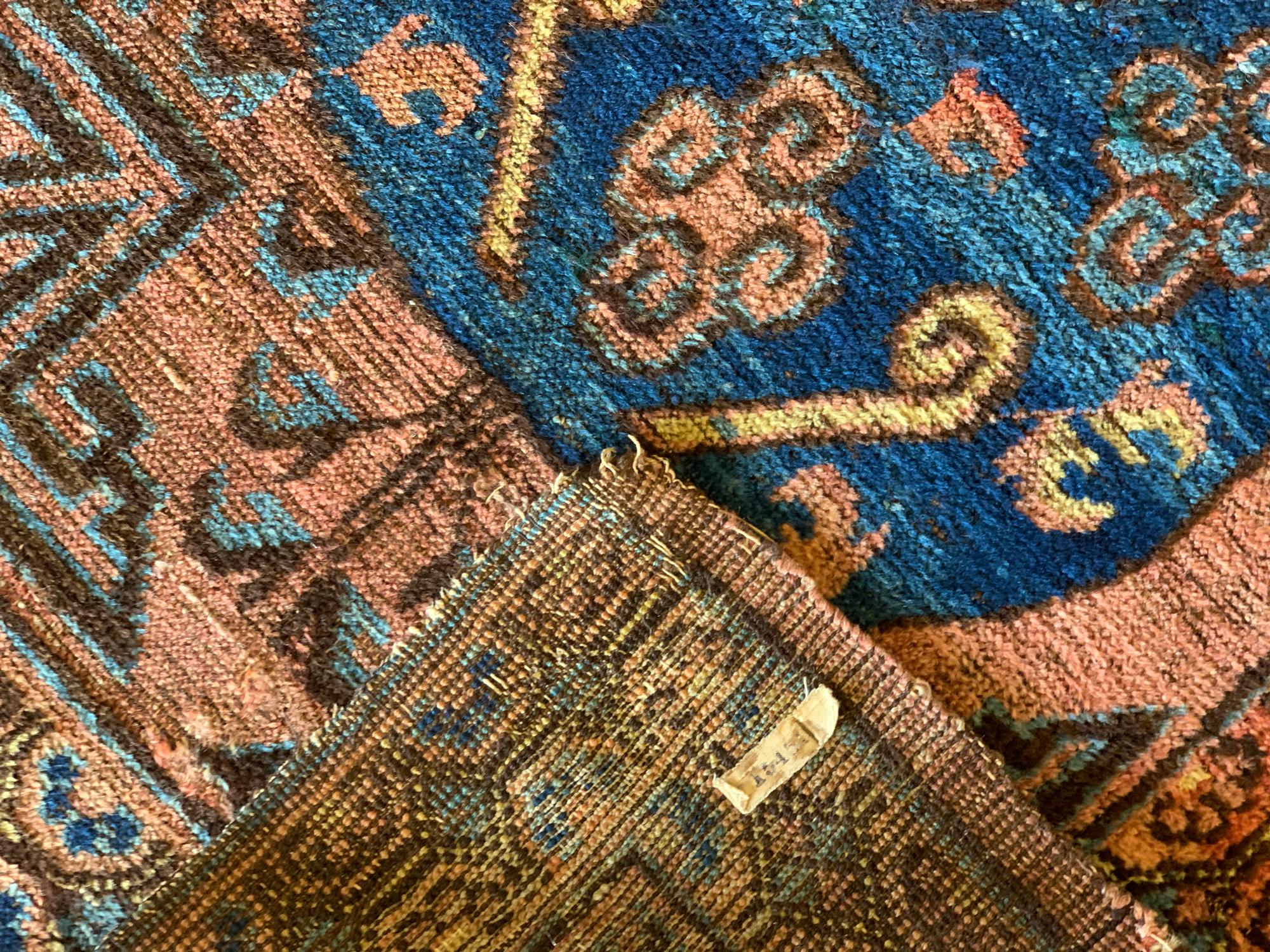 Tribal Rust Handmade Carpet Kohtan Rug, Oriental Chinese Blue Wool Rug For Sale