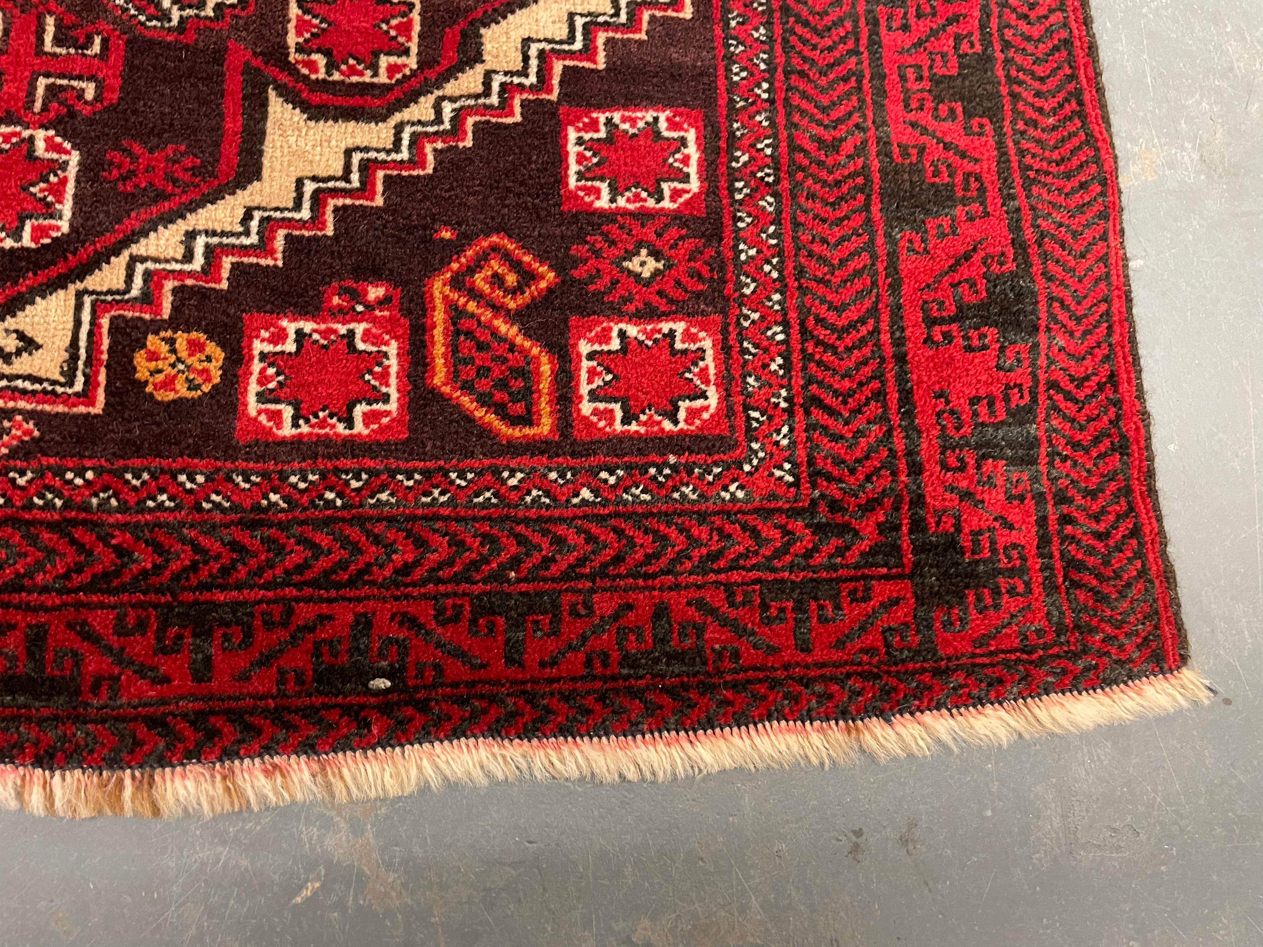 Rustic Red Handmade Carpet Geometric Balouch Area Rug, Persian Wool Vintage Rugs For Sale