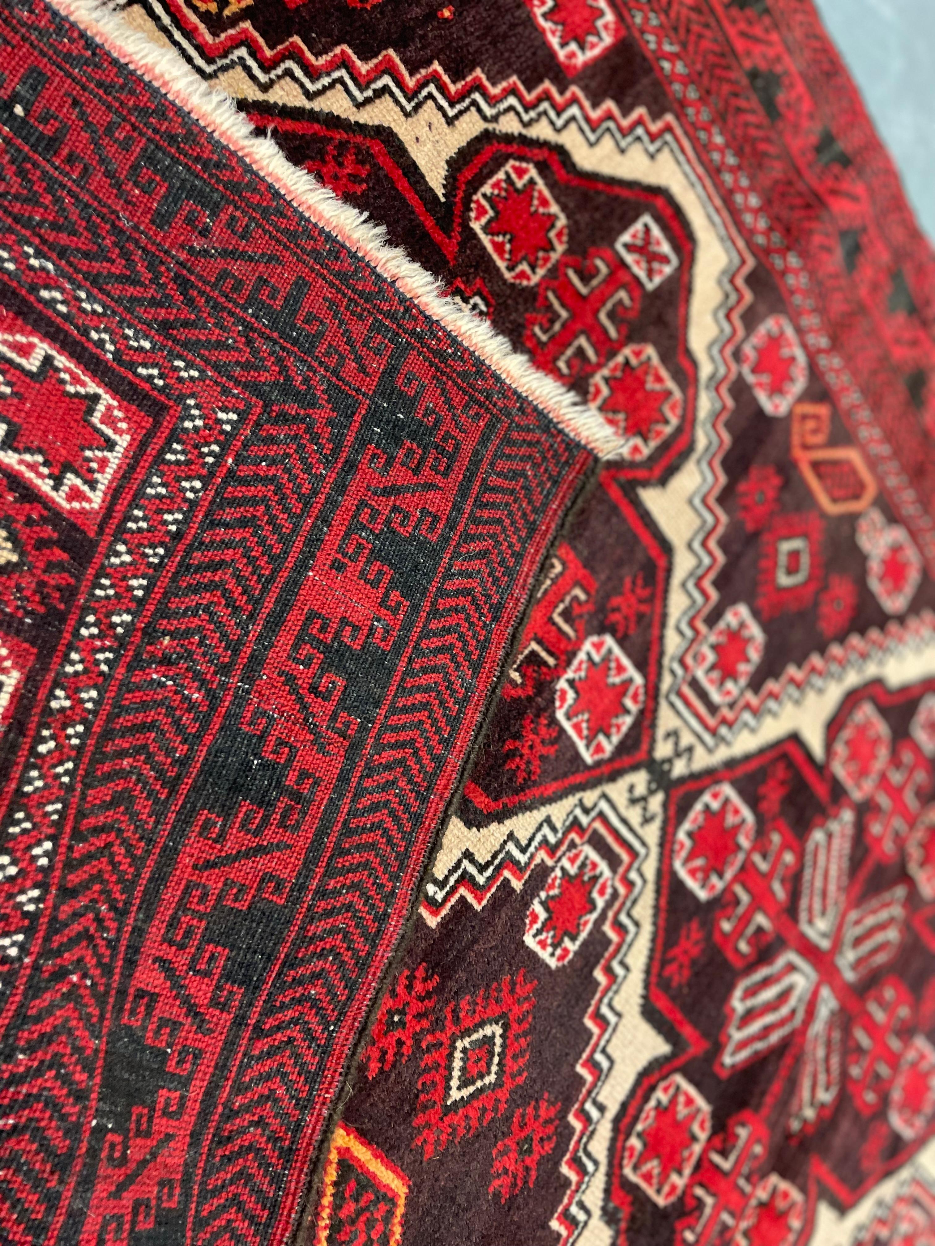 Vegetable Dyed Red Handmade Carpet Geometric Balouch Area Rug, Persian Wool Vintage Rugs For Sale