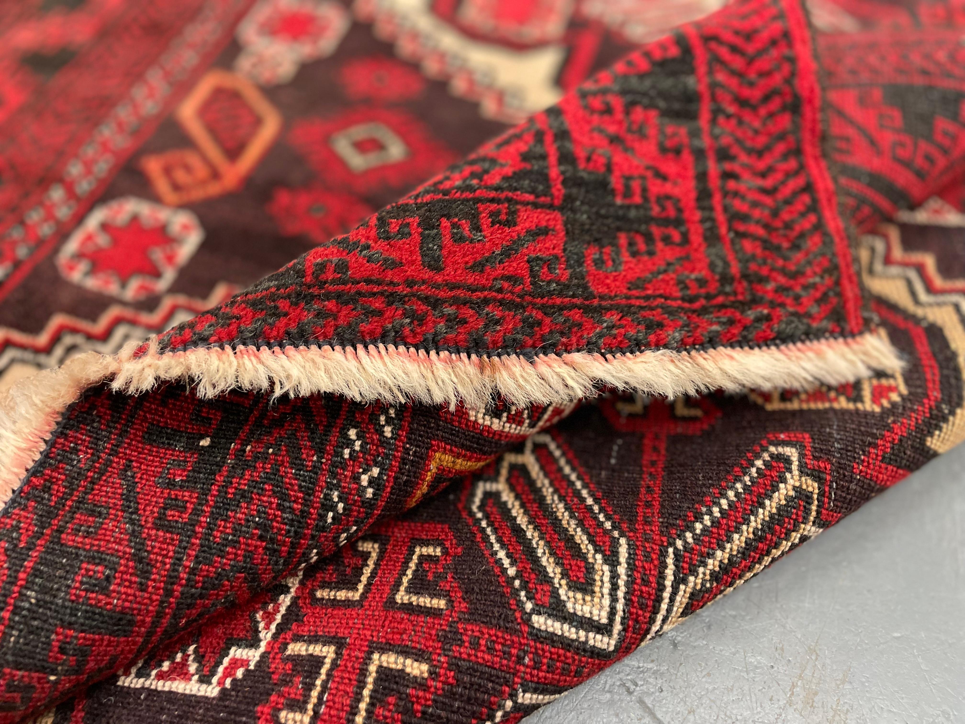 20th Century Red Handmade Carpet Geometric Balouch Area Rug, Persian Wool Vintage Rugs For Sale