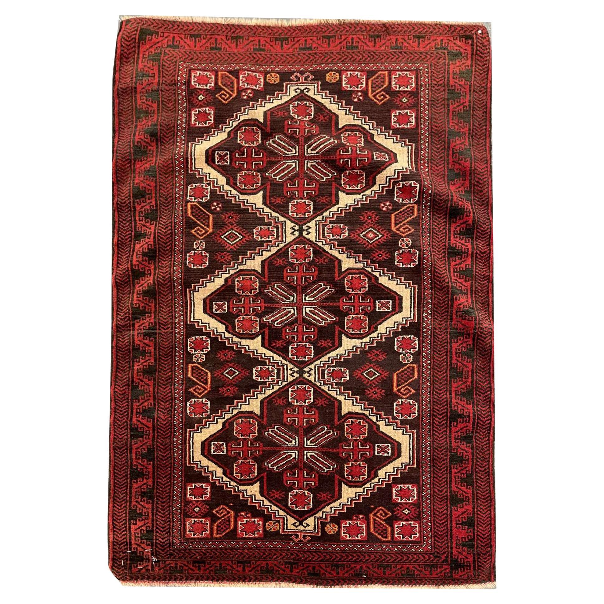 Red Handmade Carpet Geometric Balouch Area Rug, Persian Wool Vintage Rugs
