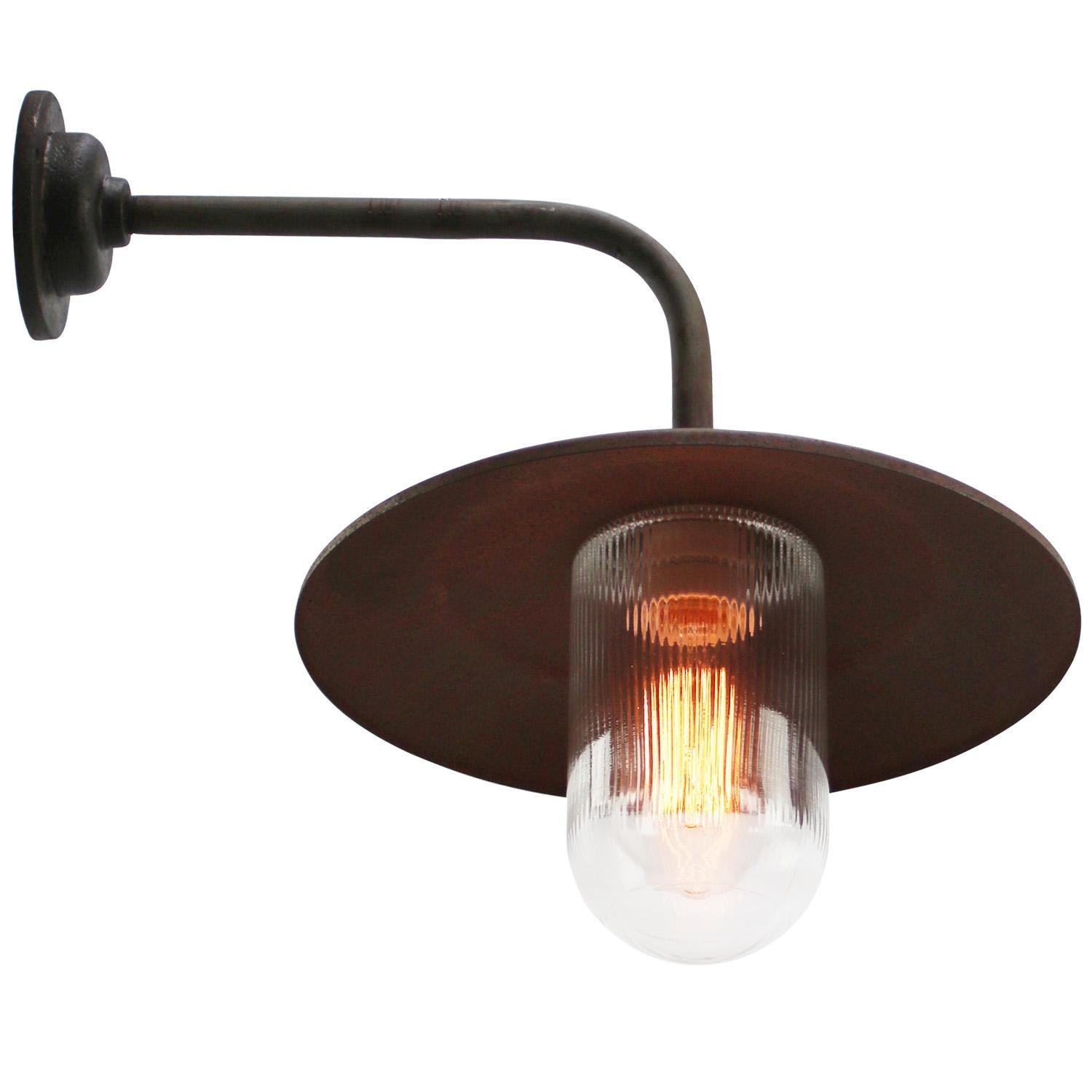 Hungarian Rust Iron Vintage Industrial Brass Clear Striped Glass Scones Wall Lights For Sale