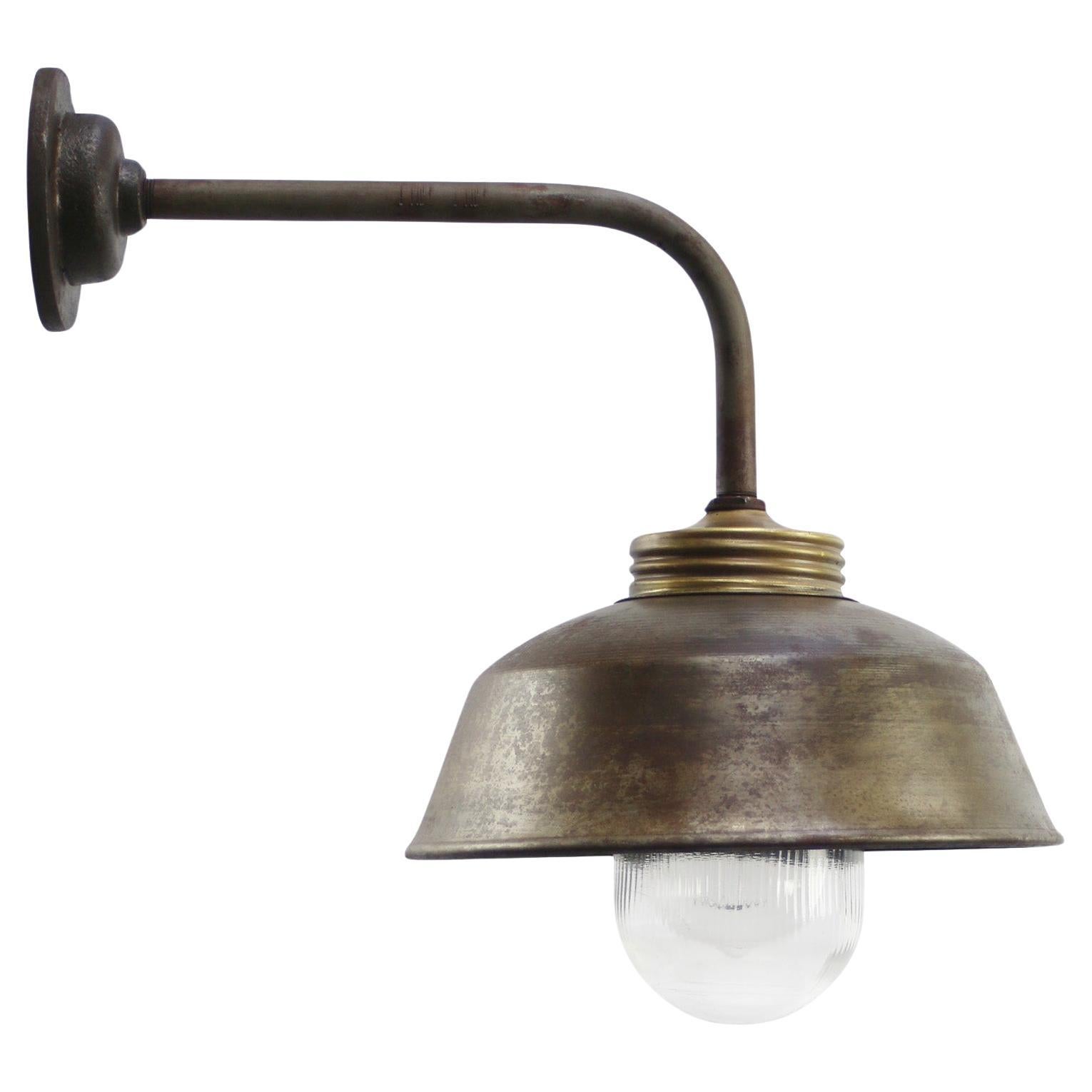 Cast Rust Iron Vintage Industrial Brass Clear Striped Glass Scones Wall Lights For Sale