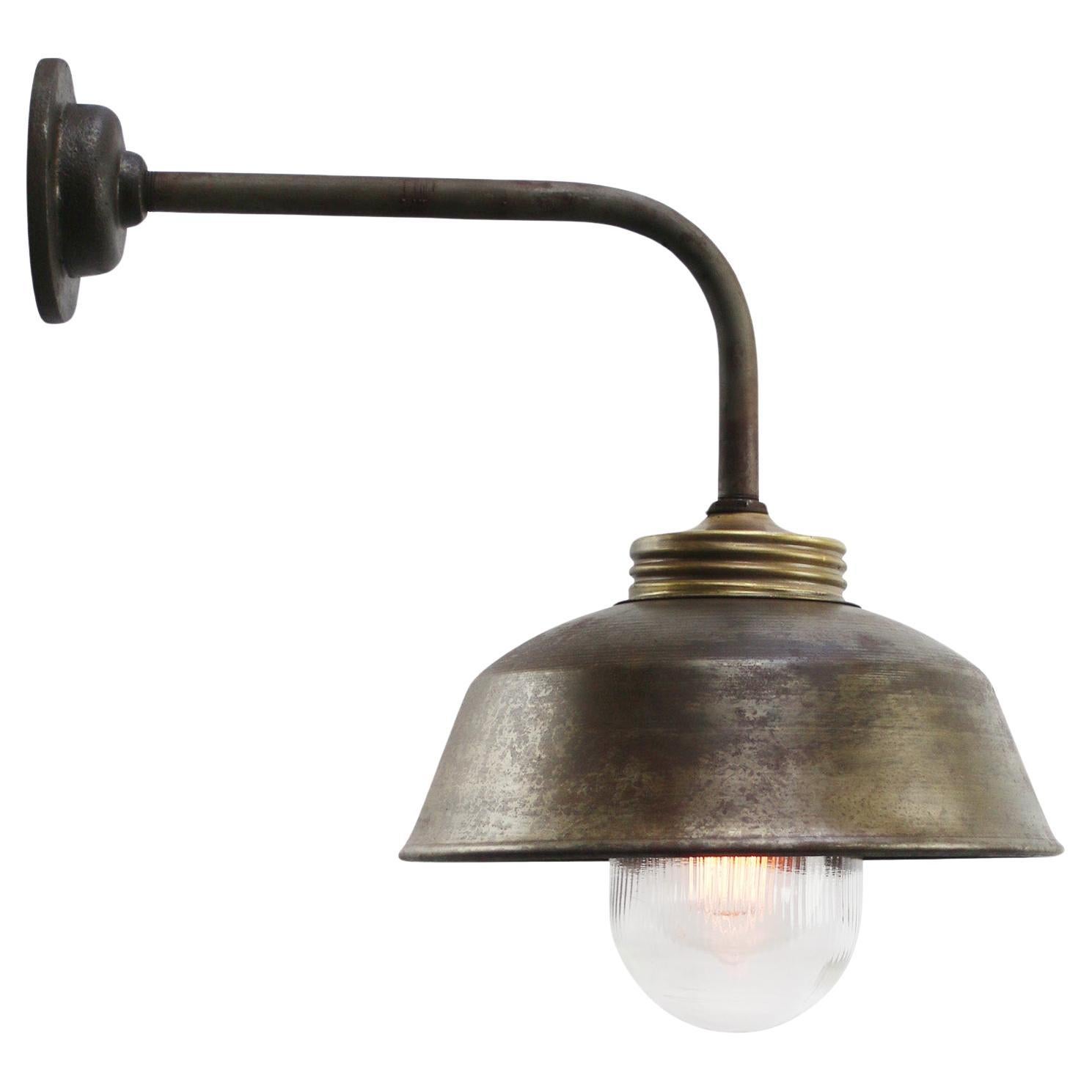 Rust Iron Vintage Industrial Brass Clear Striped Glass Scones Wall Lights For Sale