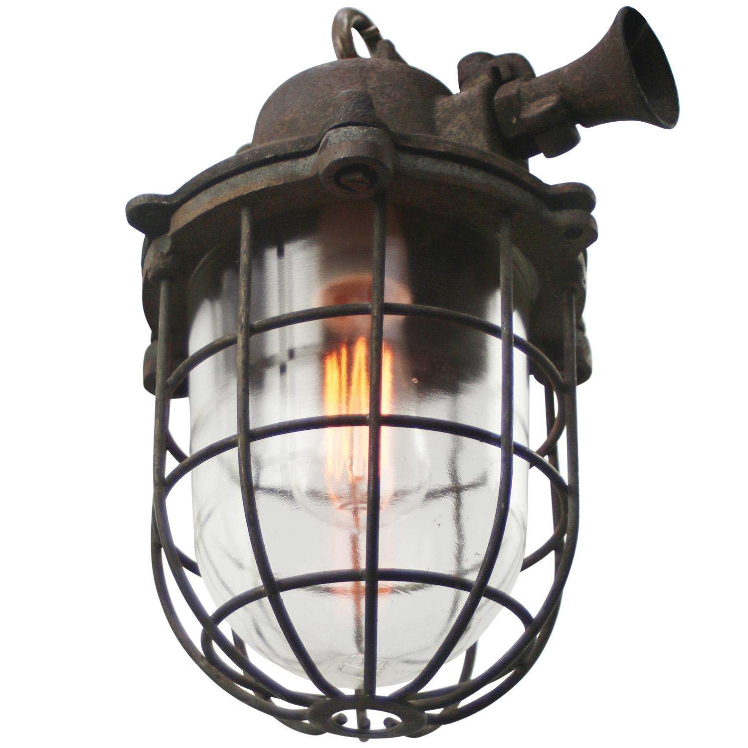 Czech Rust Iron Vintage Industrial Clear Glass Pendant Lamps  For Sale