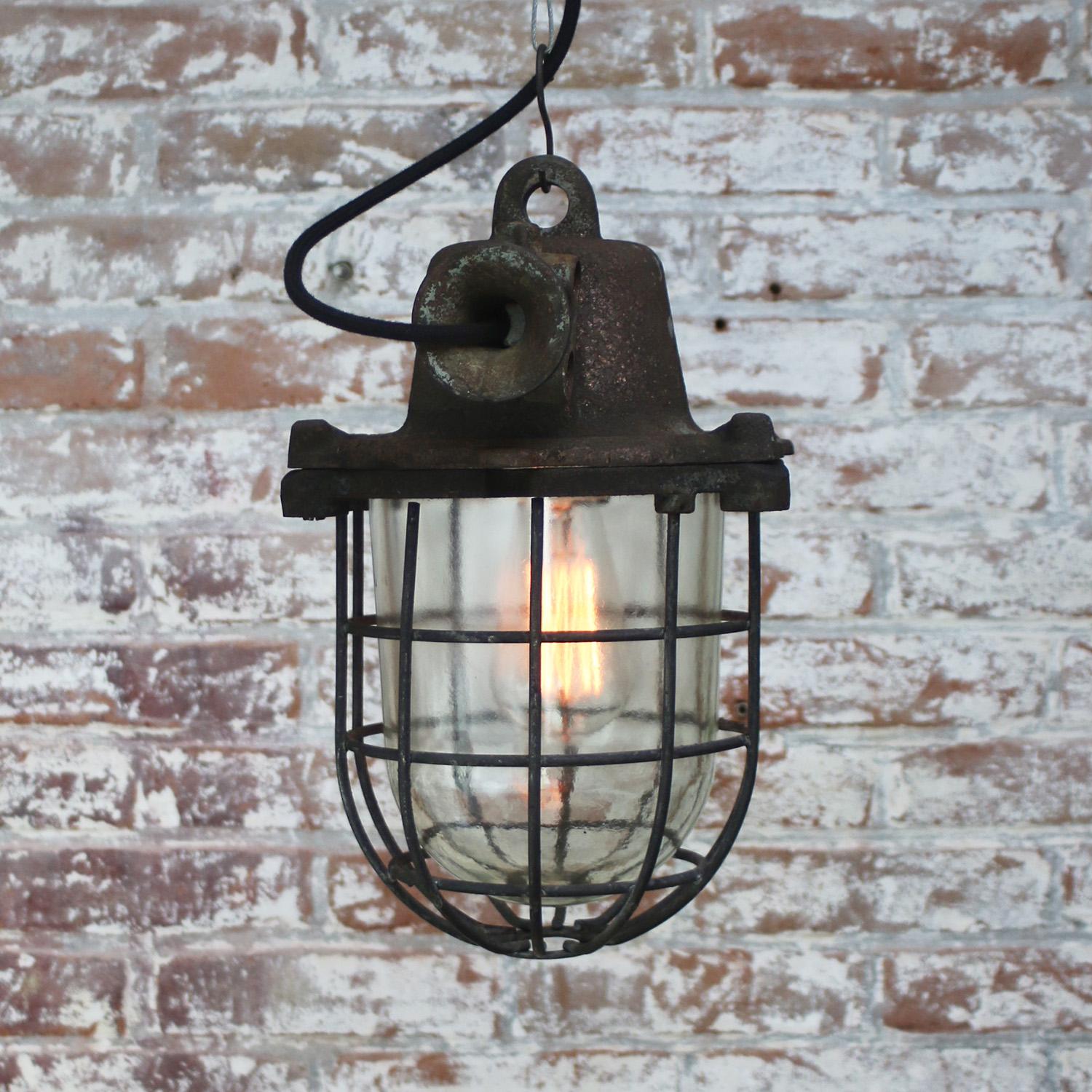 Cast Rust Iron Vintage Industrial Clear Glass Pendant Lamps  For Sale